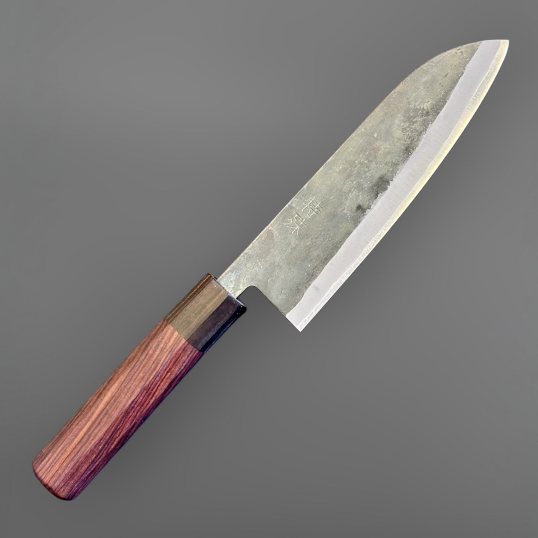 Tokushu Knife Rosewood Series White #2 Kurouchi 165 mm Japanese santoku knife, angled reverse view with kurouchi blade finish and rosewood wa handle.