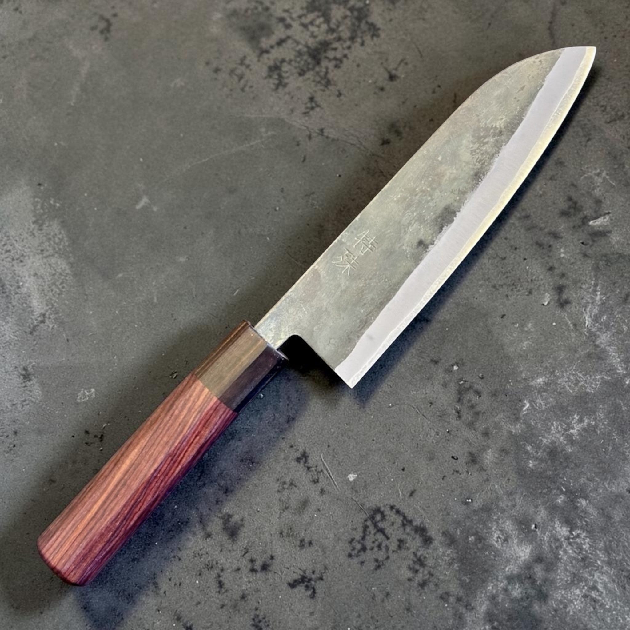 Tokushu Knife Rosewood Series White #2 Kurouchi 165 mm Japanese santoku knife, angled reverse view with kurouchi blade finish and rosewood wa handle.