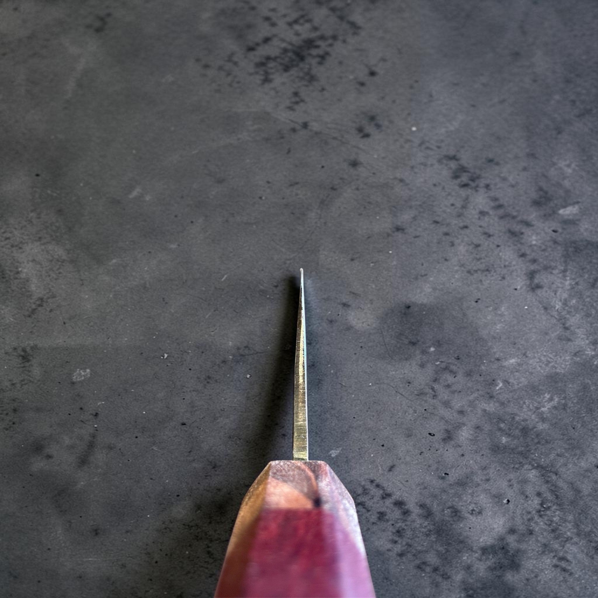 Tokushu Knife Rosewood Series White #2 Kurouchi 210 mm Japanese gyuto knife, choil view highlighting blade thickness and grind.