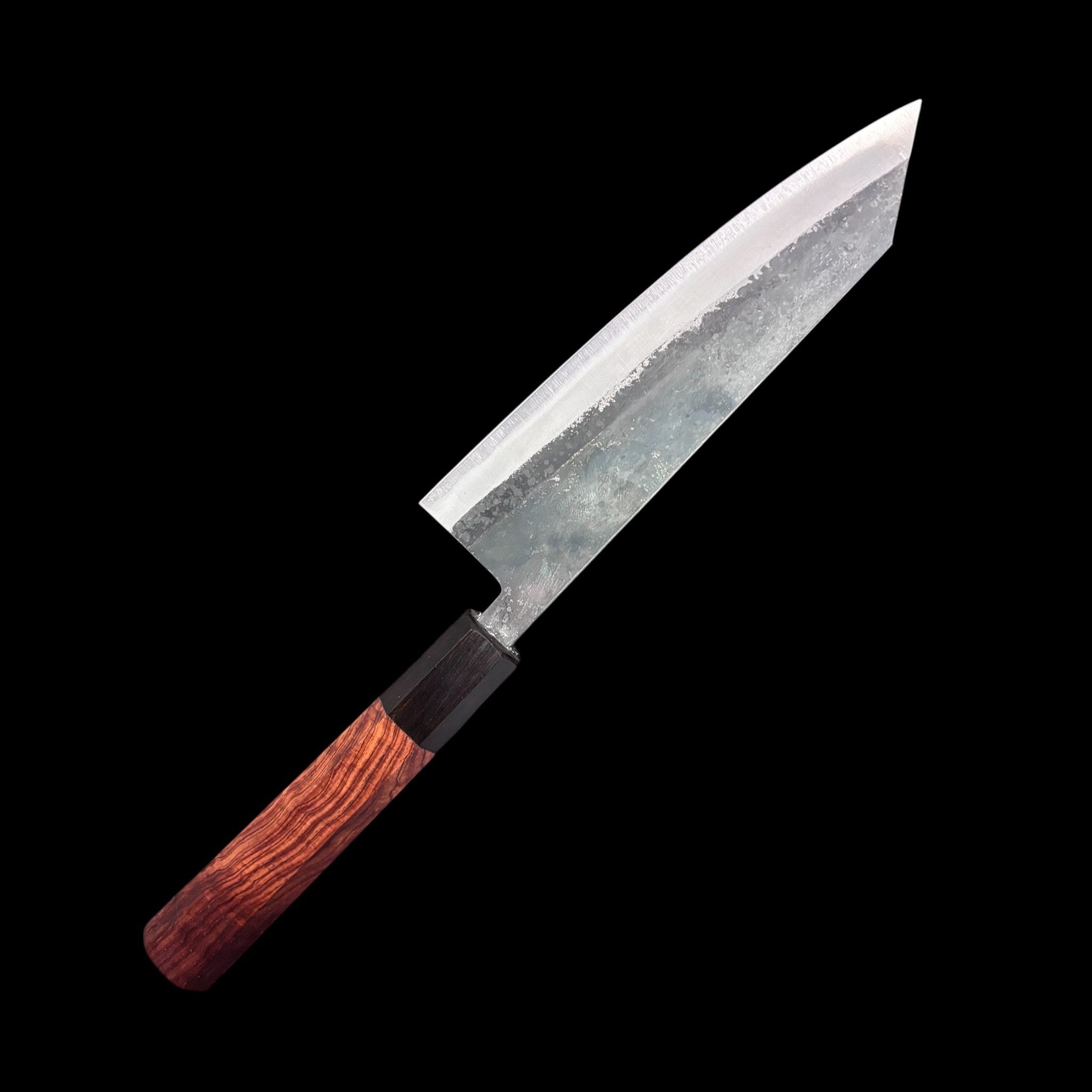Tokushu Knife Rosewood Series White #2 Bunka 165mm, left side close-up showing rustic cladding, tapered spine, and octagonal rosewood handle.