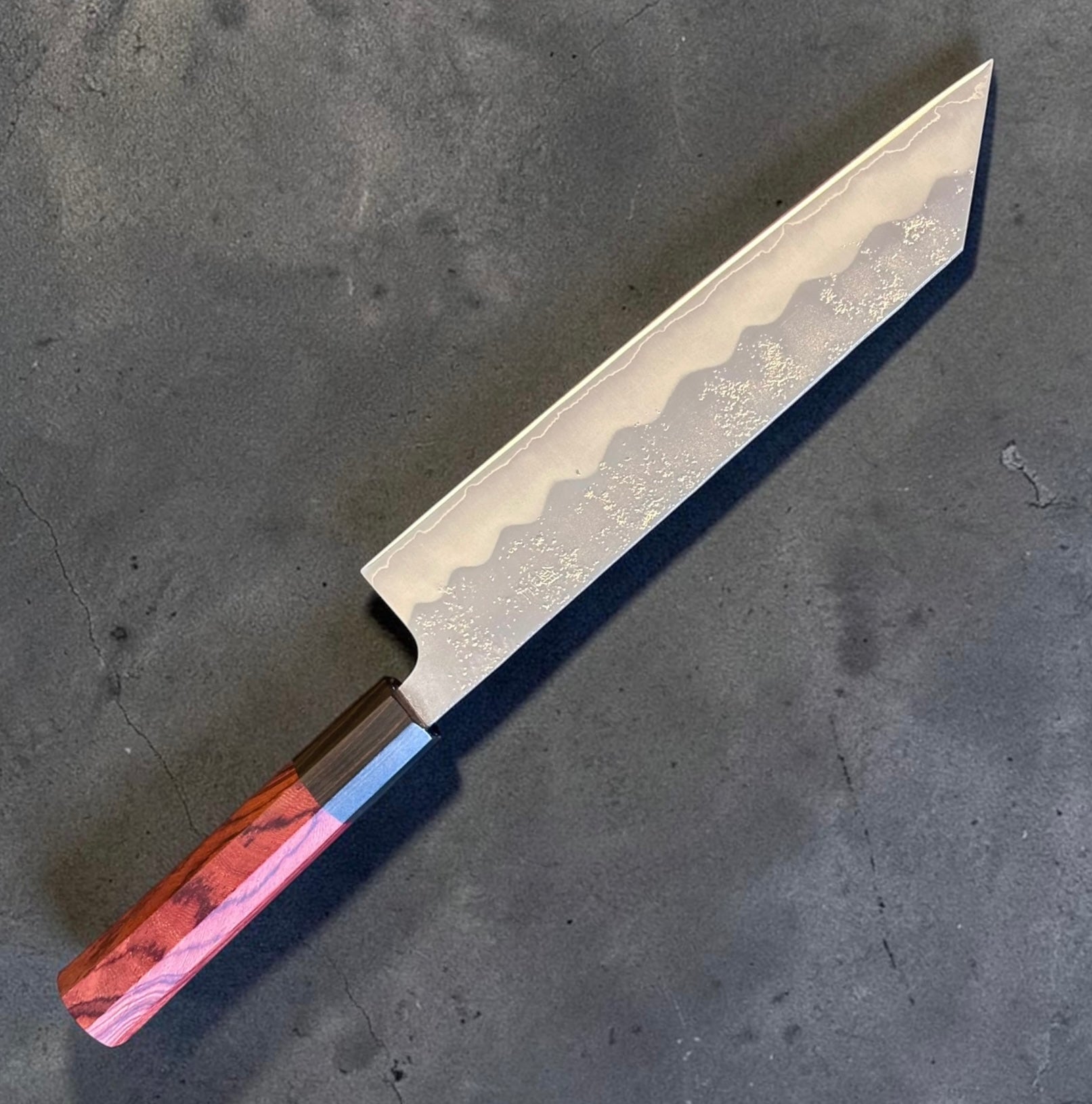 Tokushu Silver #3 Nashiji Kiritsuke 210mm reverse angle showing K-tip blade and two-tone rosewood ebony handle