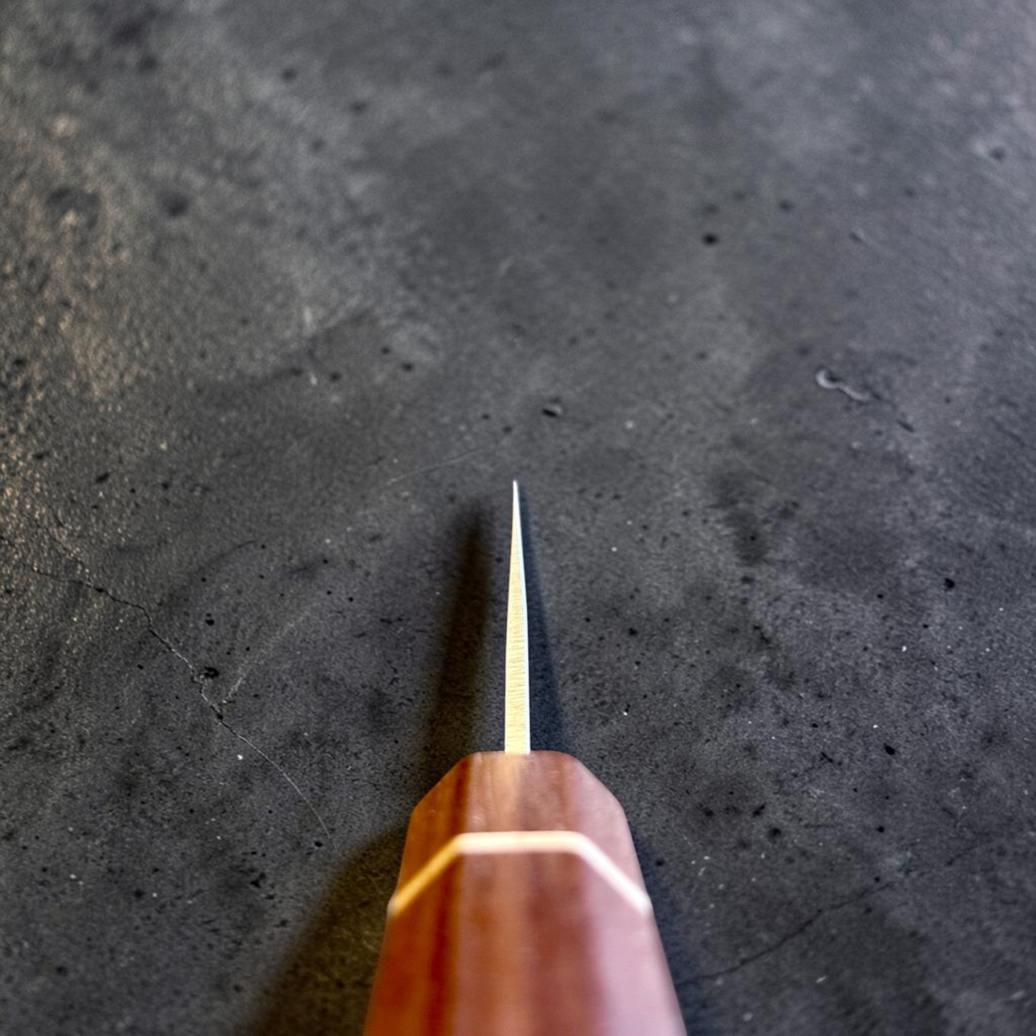 Tokushu Knife Tsuchime SLD 105 mm Tall Petty Ajikiri, spine view emphasizing the thin blade geometry and tapered grind.