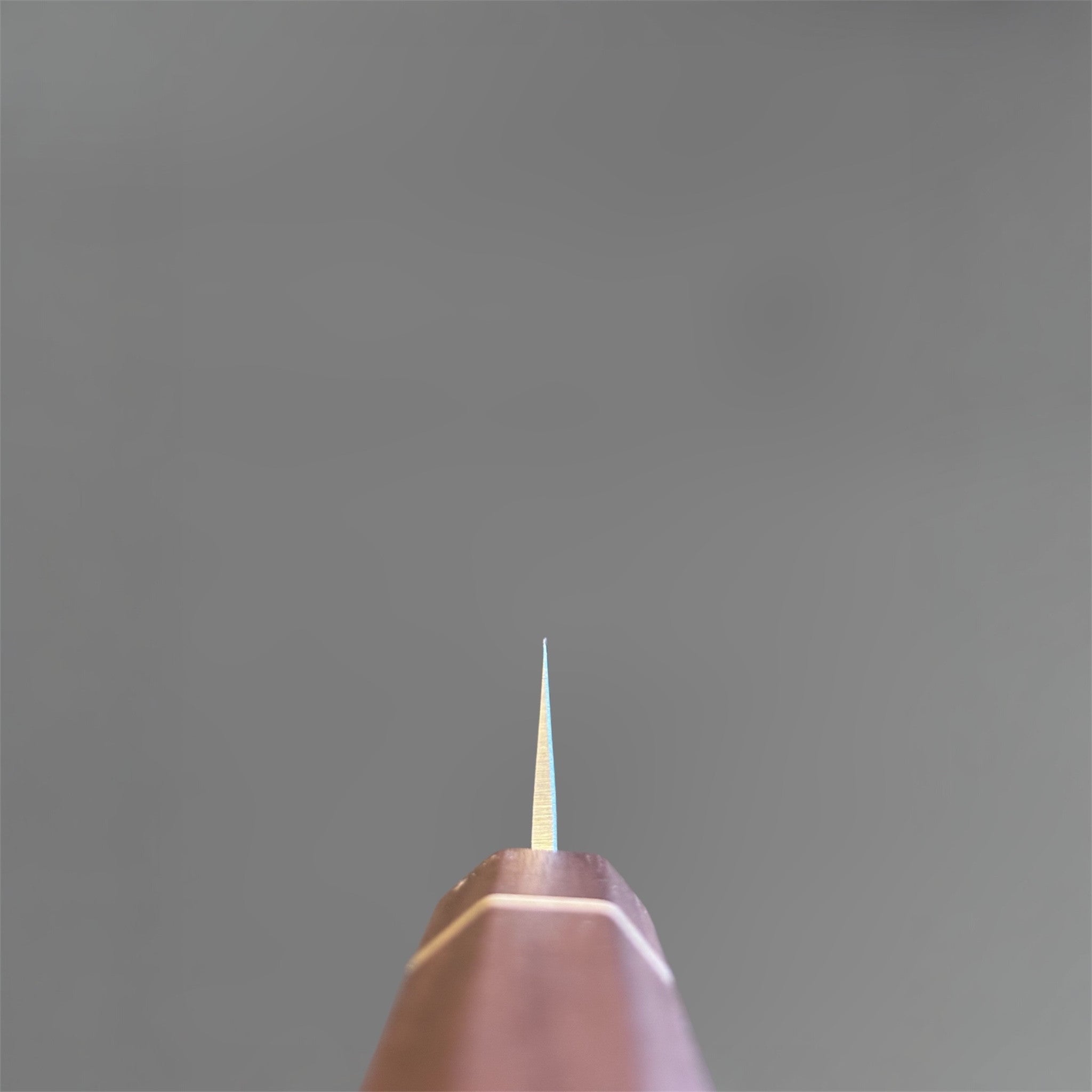 Tokushu Knife Tsuchime SLD 135 mm Petty, spine view emphasizing the thin grind, tapered blade geometry, and octagonal wood wa handle.