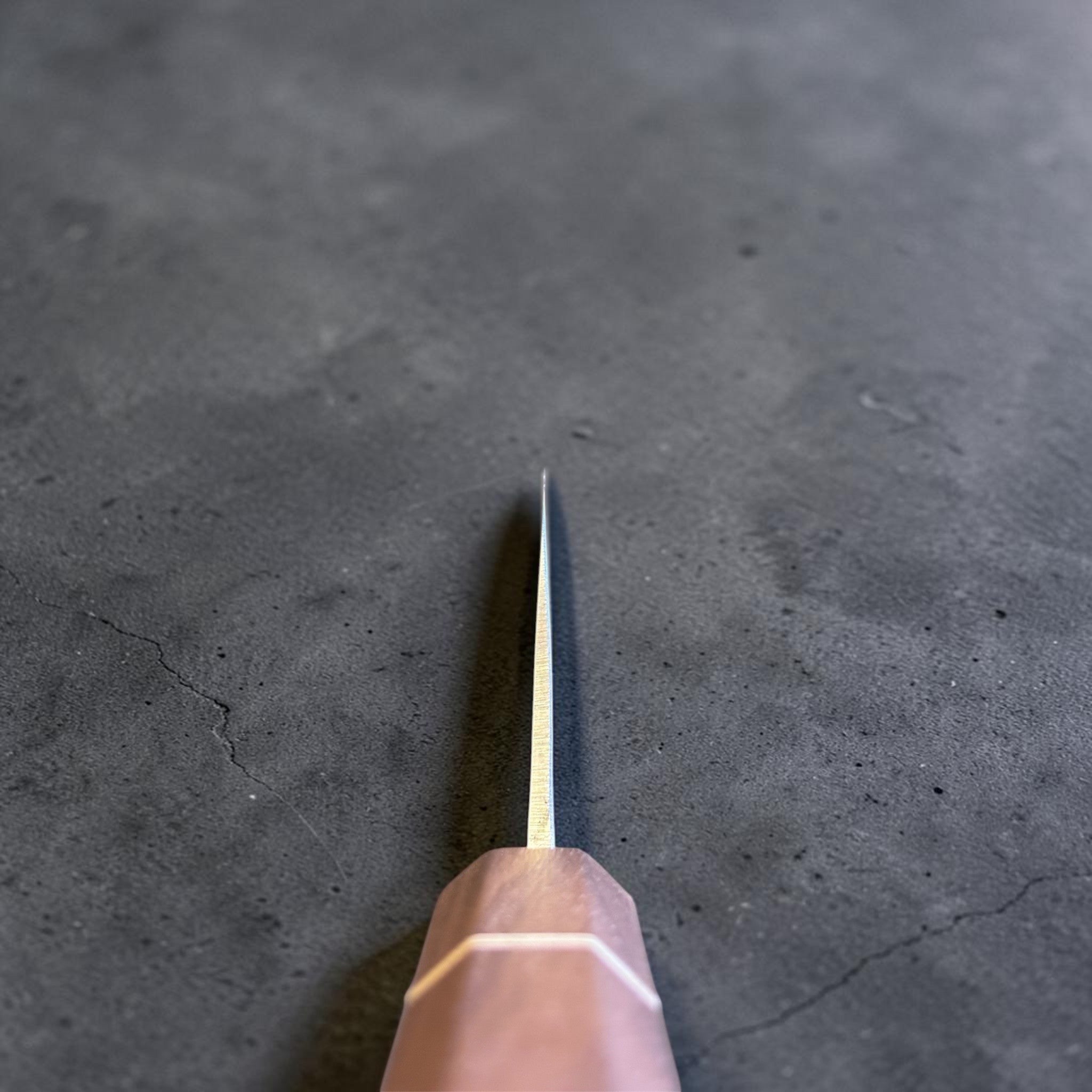 Tokushu Knife Tsuchime SLD Nakiri, spine view emphasizing the thin grind, tapered blade geometry, and octagonal wood wa handle.