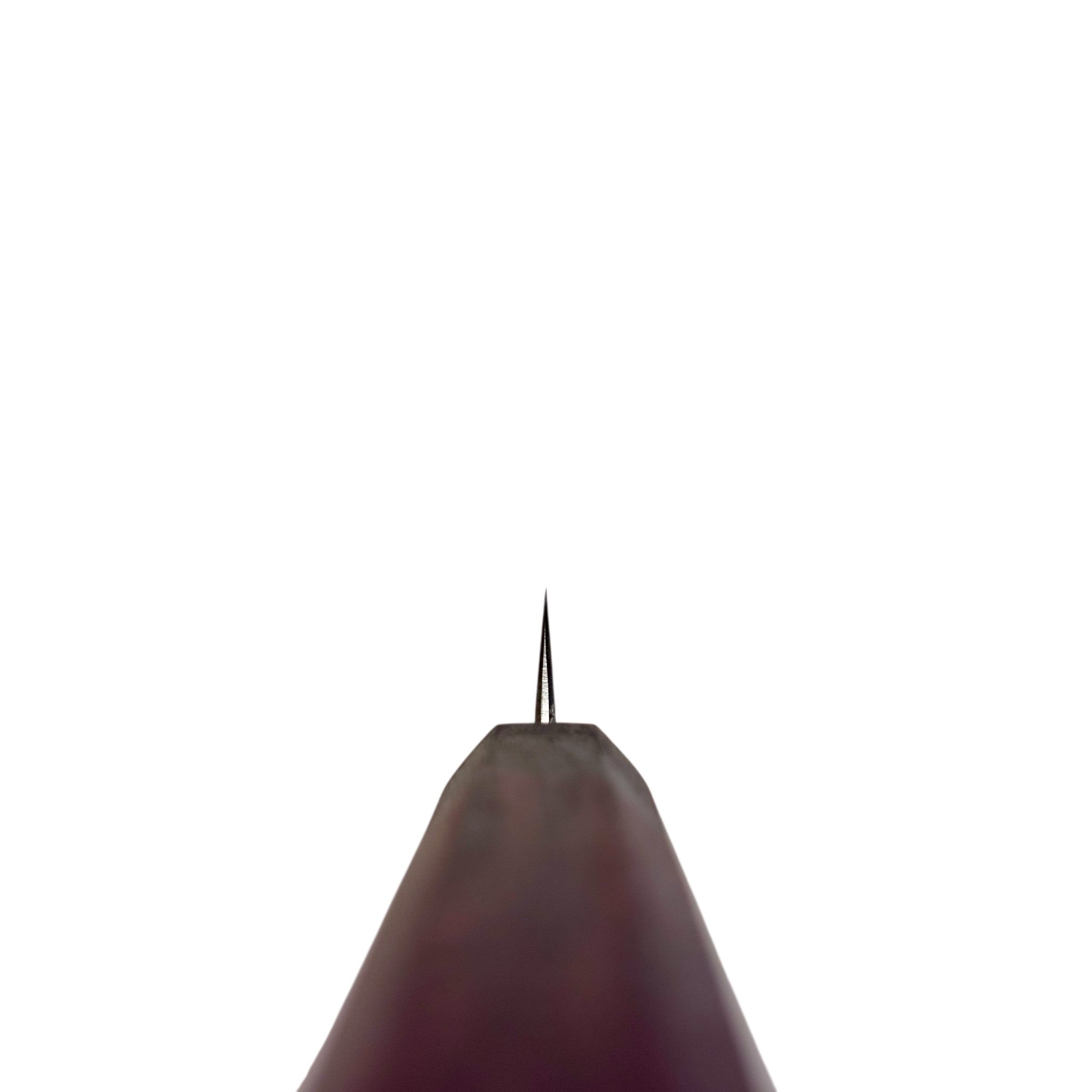 Tokushu Tsuchime White #2 Petty 135 mm with rosewood wa handle, spine shot at the tip showing thin grind against white background