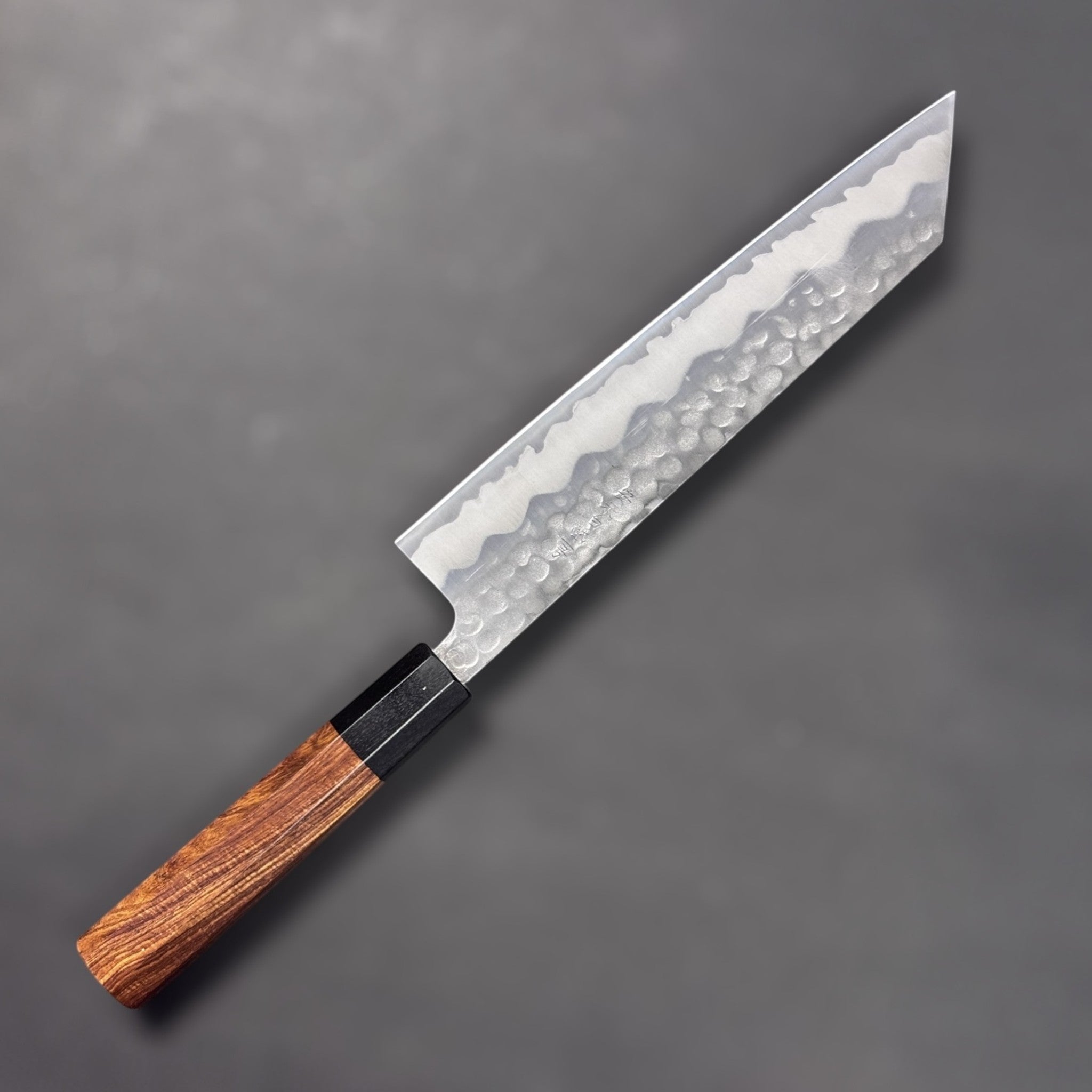 Tokushu White #2 Stainless Clad Tsuchime Kiritsuke 210mm, reverse side profile showing tsuchime hammer finish and cladding line.