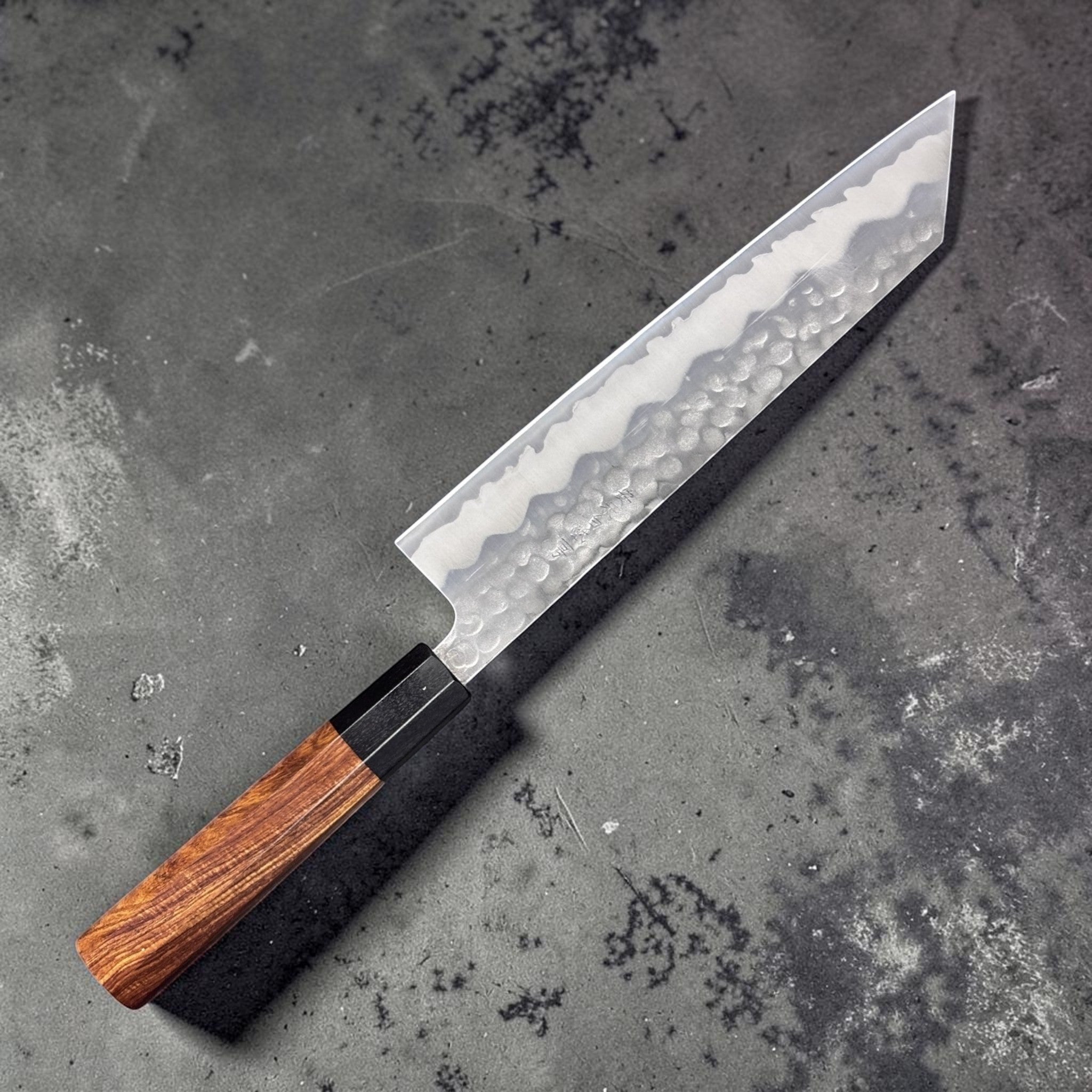 Tokushu White #2 Stainless Clad Tsuchime Kiritsuke 210mm, reverse side profile showing tsuchime hammer finish and cladding line.