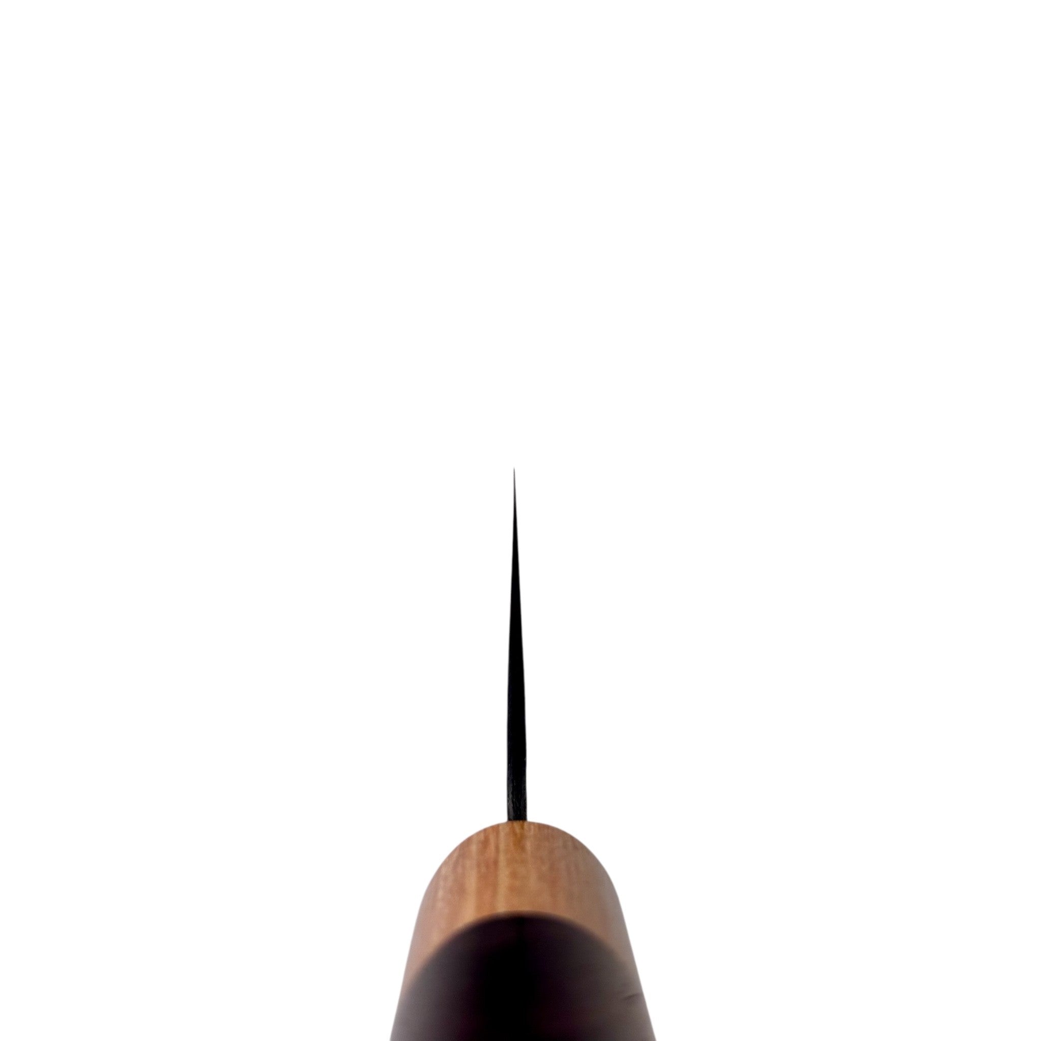 Tsunehisa Aogami Super Kurouchi Tsuchime Nakiri 165 mm, spine view from the handle showing thin grind and distal taper toward the tip.