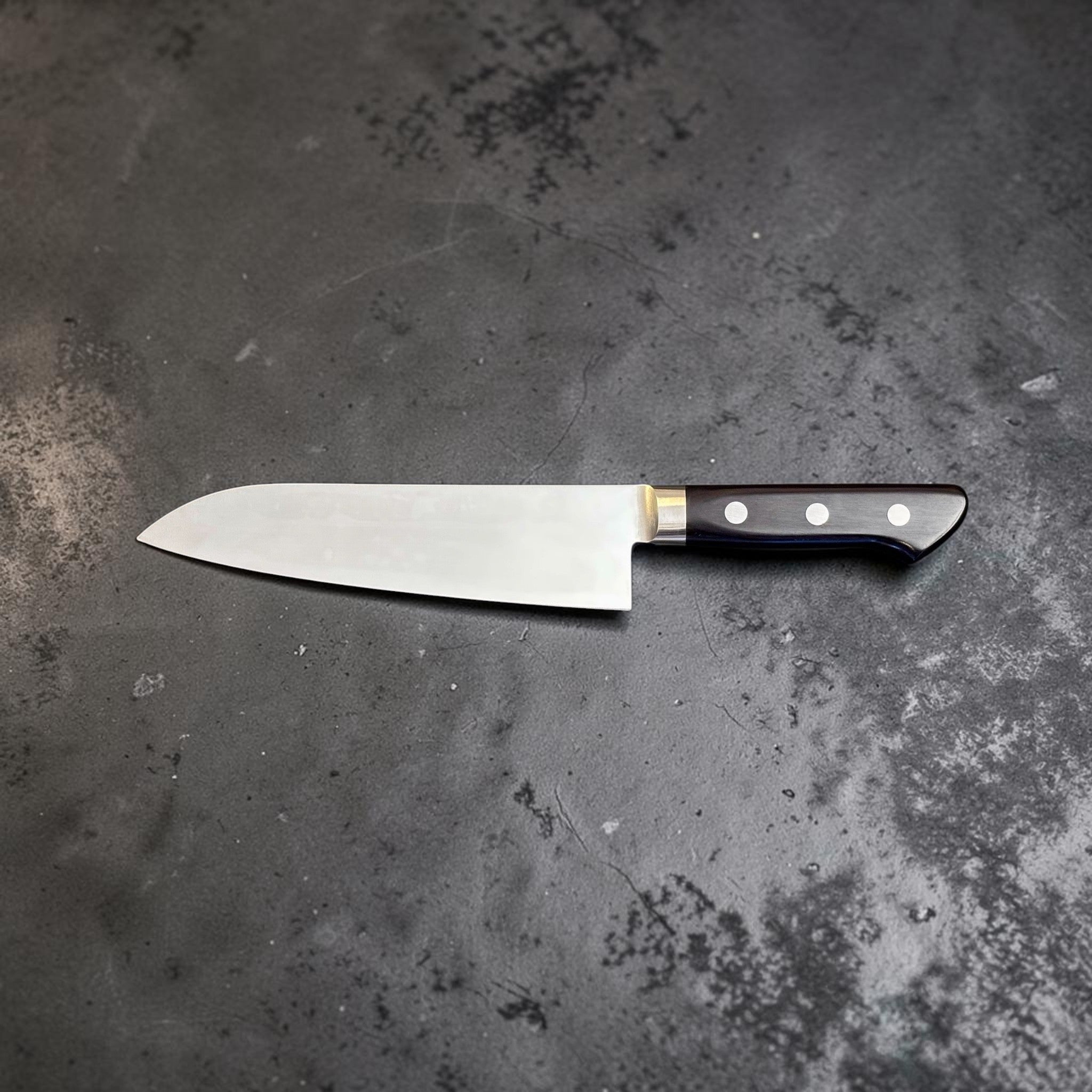 Tsunehisa Mono AUS-8 Santoku 165 mm with black Western handle, choil view showing the blade geometry and spine alignment.