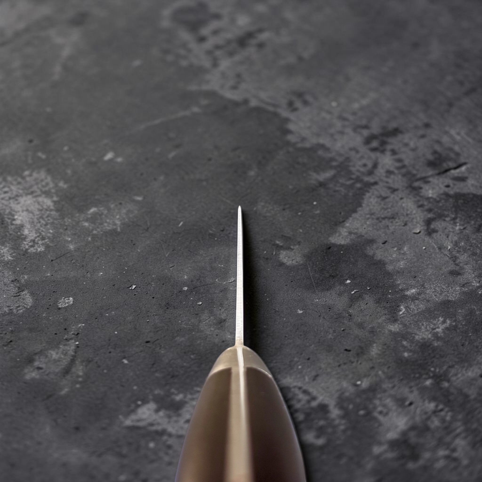 Tsunehisa Mono AUS-8 Santoku 165 mm with black Western handle, reverse side profile showing the clean blade face and black Western handle.