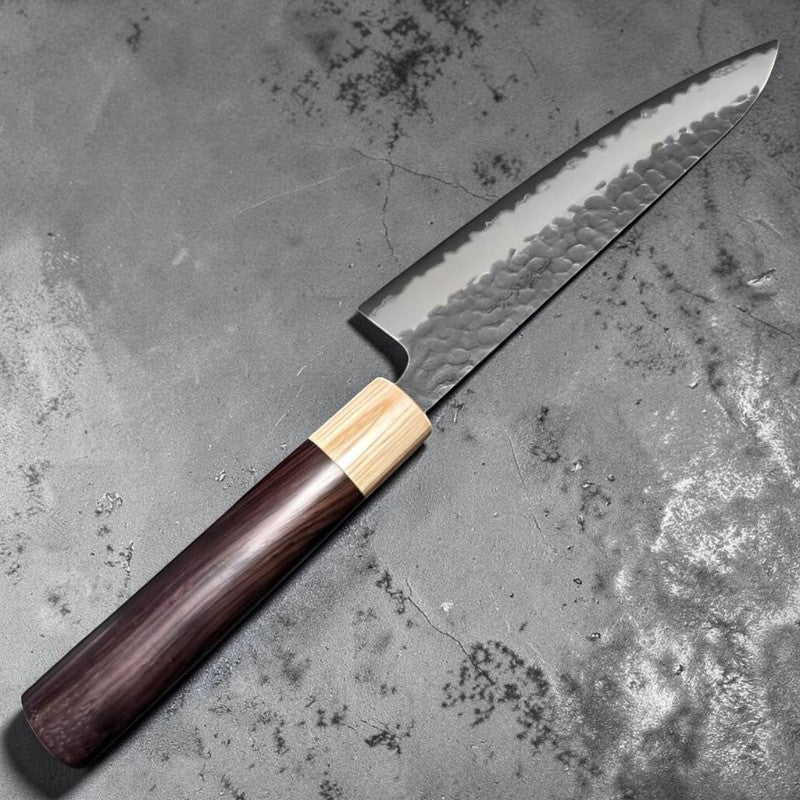 Tsunehisa Stainless Clad Aogami Super Kurouchi Tsuchime 180mm Gyuto with Morado Wa Handle Tokushu Knife.