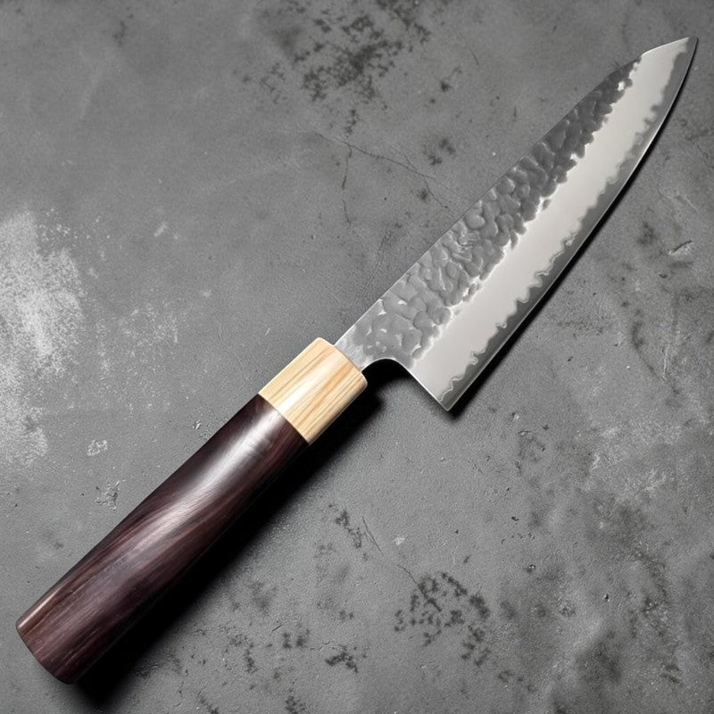 Tsunehisa Stainless Clad Aogami Super Kurouchi Tsuchime 180mm Gyuto with Morado Wa Handle Tokushu Knife.