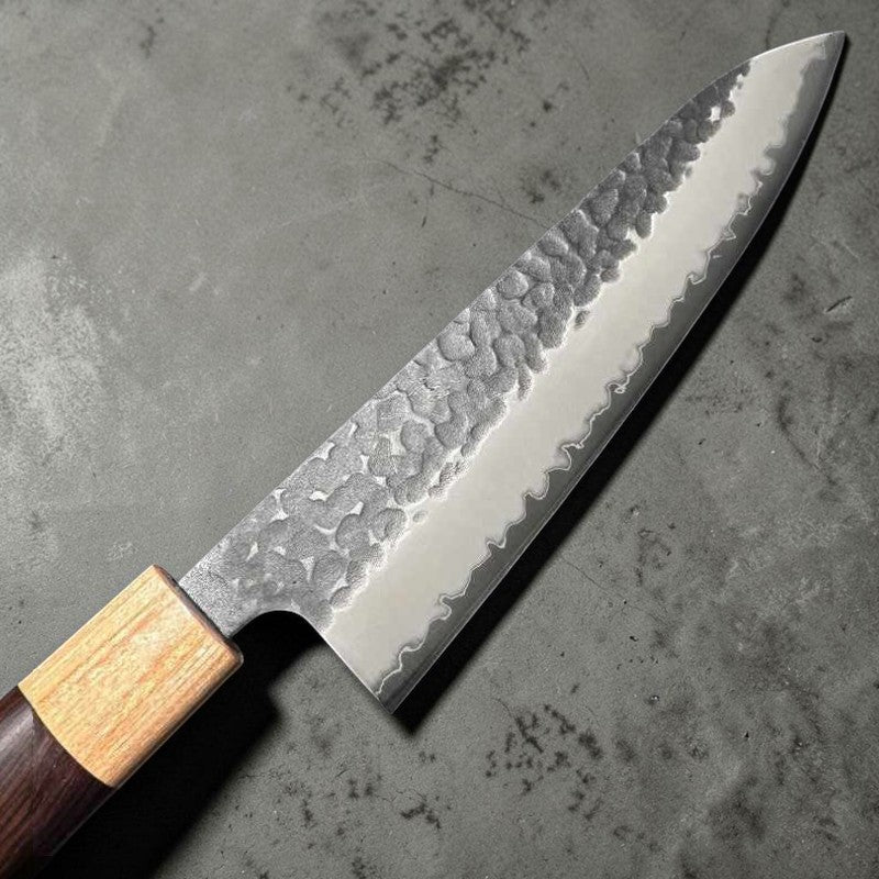 Tsunehisa Stainless Clad Aogami Super Kurouchi Tsuchime 180mm Gyuto with Morado Wa Handle Tokushu Knife.