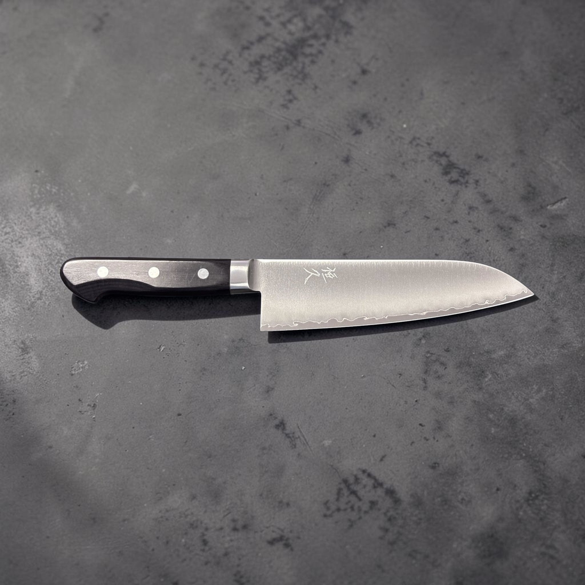 Tsunehisa VG-1 stainless steel Santoku 165 mm with black Western handle, medium distance side profile of the entire knife on grey background.