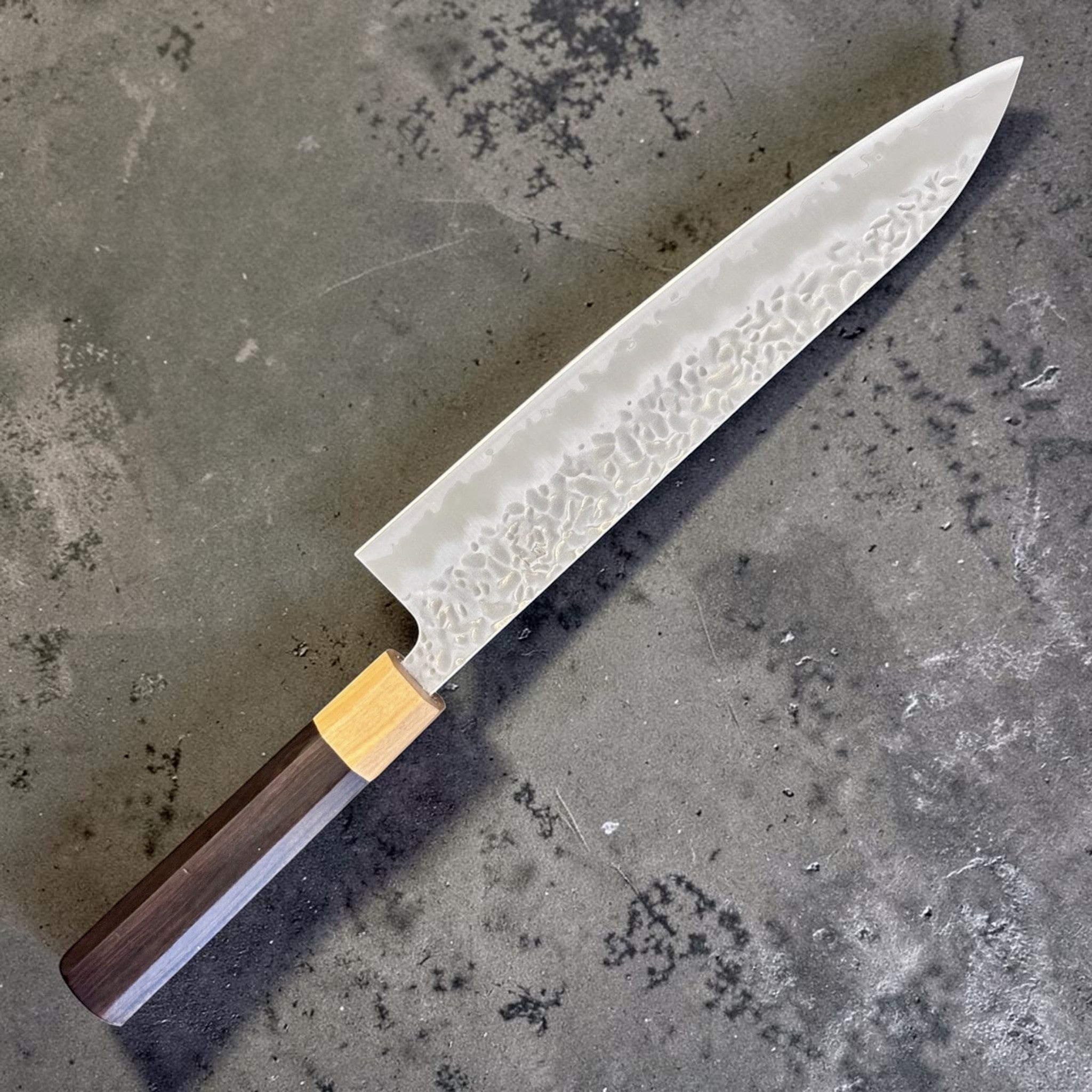 Tsunehisa White #1 stainless clad Tsuchime Gyuto 240 mm, full blade and handle view showing hammered tsuchime texture.