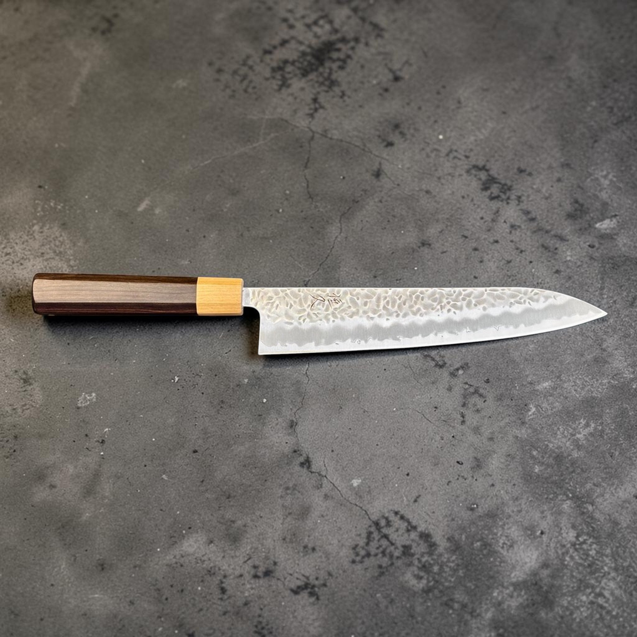 Tsunehisa White #1 stainless clad Tsuchime Gyuto 240 mm, horizontal profile showing blade shape, cladding line, and wa handle.