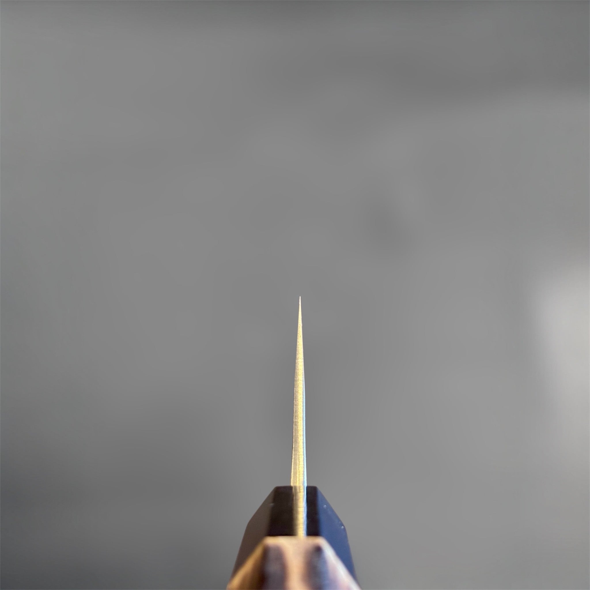 Yoshikane SKD Nashiji Kiritsuke 210 mm with burnt wood and black buffalo horn handle, choil spine view showing thin grind.