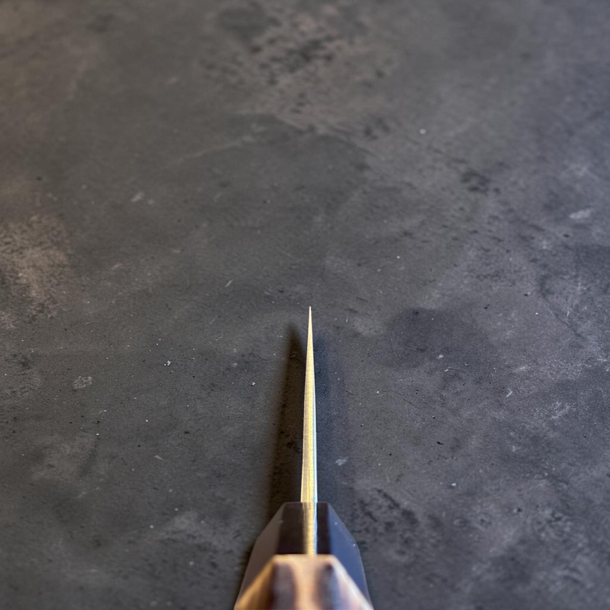 Yoshikane SKD Nashiji Kiritsuke 210 mm with burnt wood and black buffalo horn handle, choil spine view showing thin grind.