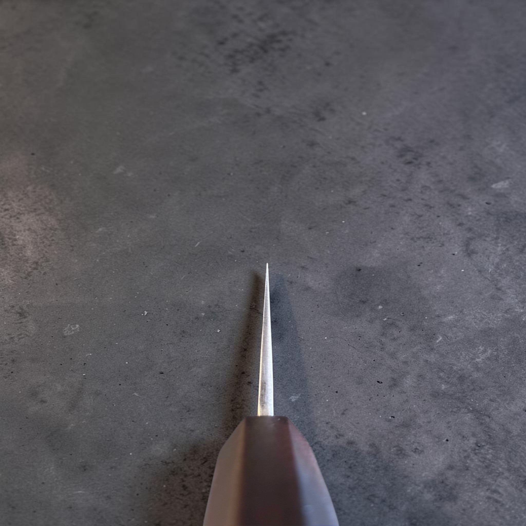 Yoshikane SKD Nashiji Gyuto 210 mm with mono ebony handle, choil view showing grind and edge geometry.