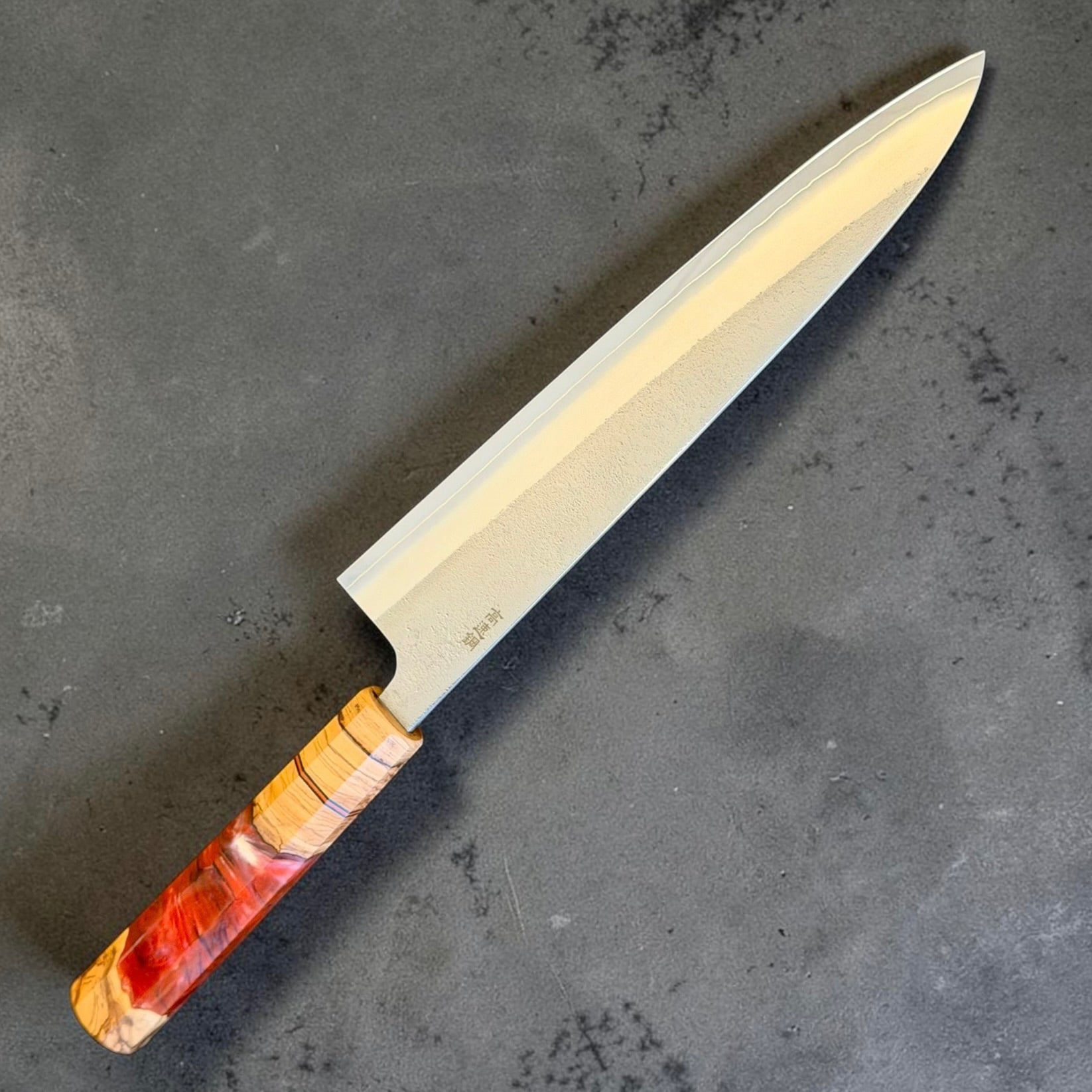 Yoshikane SKD Nashiji Gyuto 240mm with Prisma red resin and spalted wood wa handle, maker side.