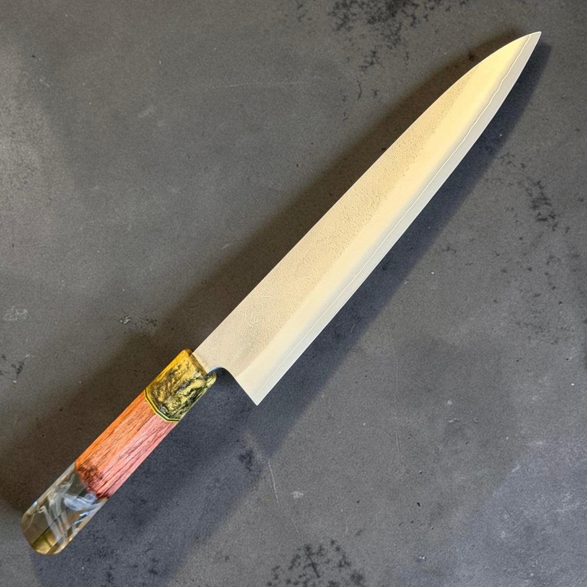 Yoshikane SKD Nashiji Gyuto 240mm with Prisma rose wood and smoke resin handle, reverse side.