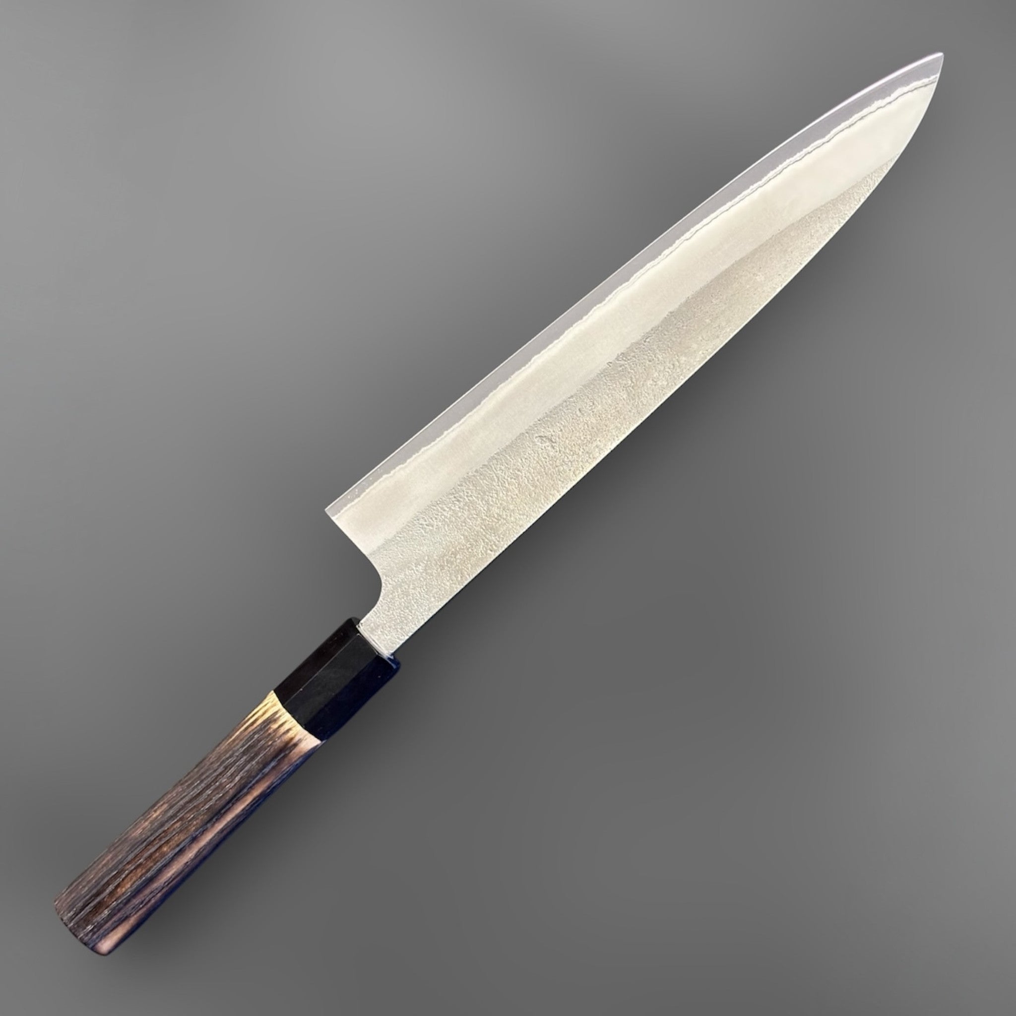 Yoshikane White #2 Nashiji Gyuto 240 mm, full profile product photo showing the long gyuto blade and traditional wa handle.