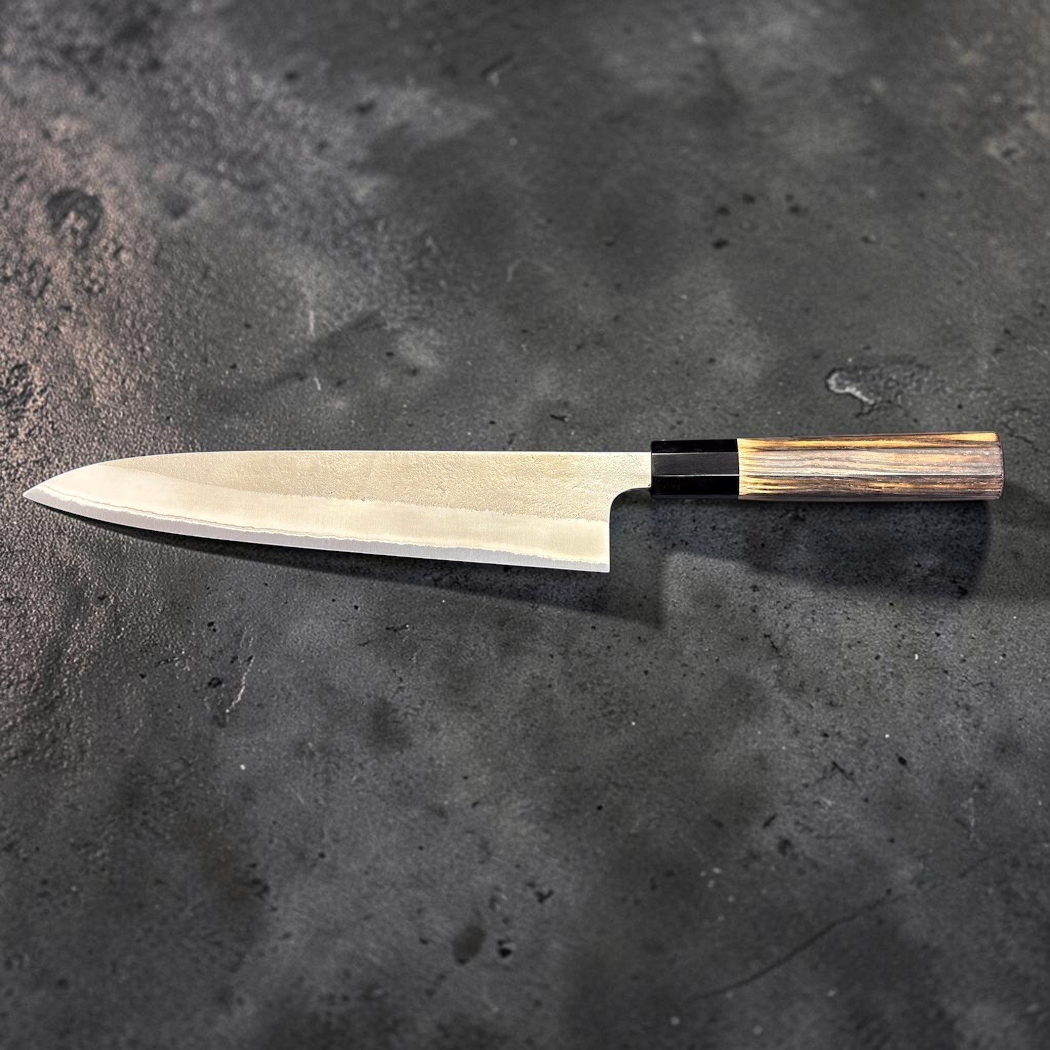 Yoshikane White #2 Nashiji Gyuto 240 mm, side profile image highlighting the blade geometry, Nashiji cladding, and wa handle.
