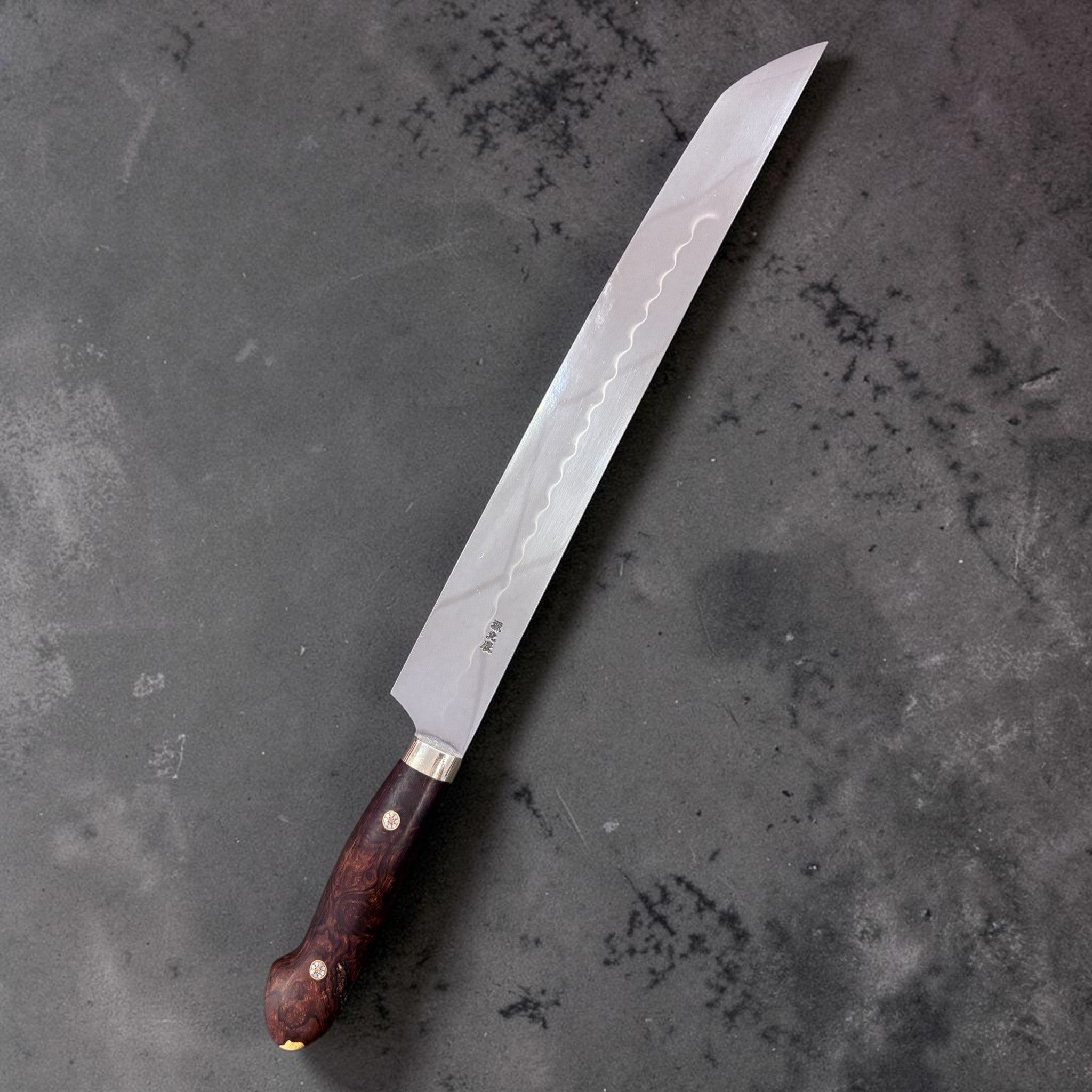 Ikeda Honyaki Sakimaru Sujihiki 300mm side profile with hamon"