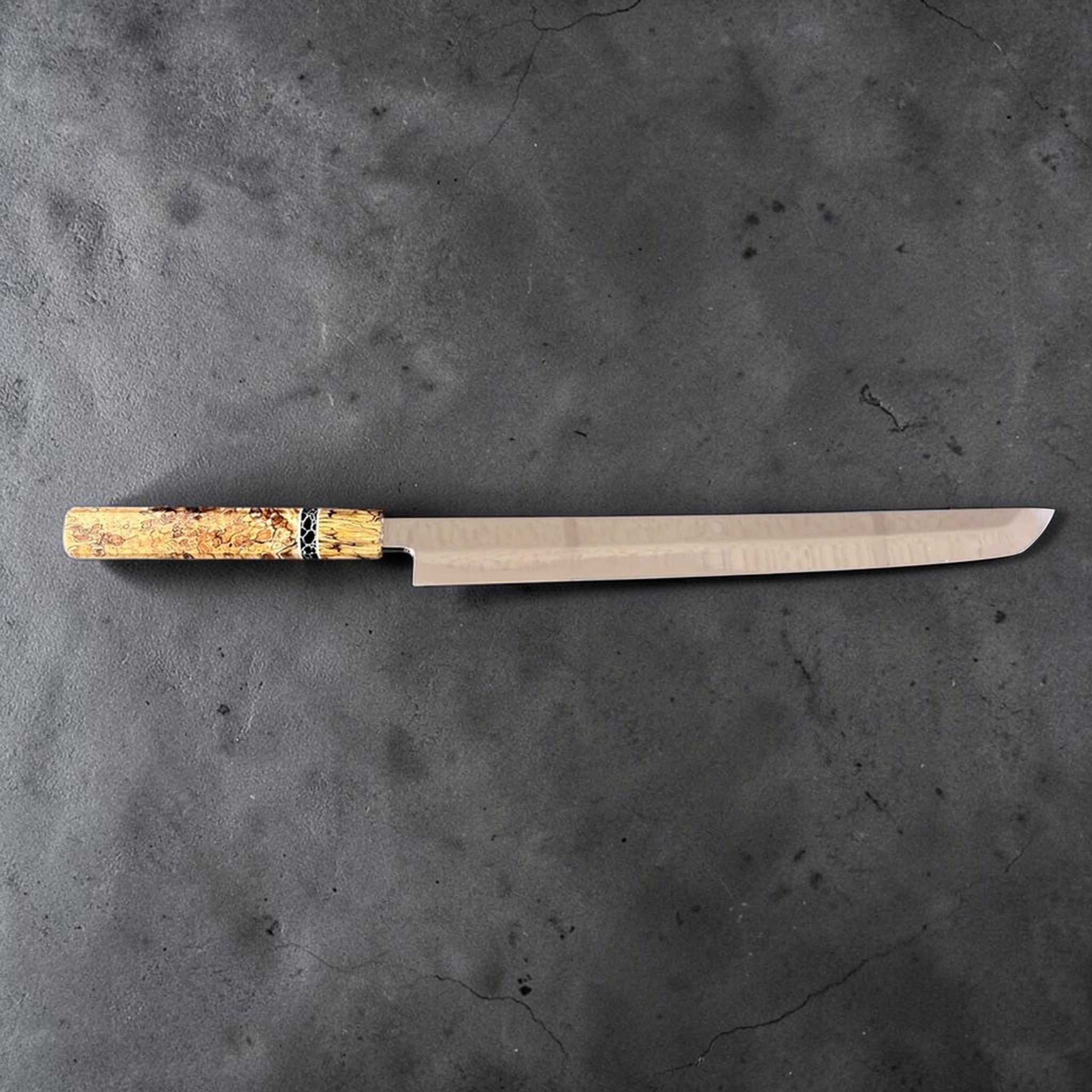 Yoshikazu Ikeda White #2 Honyaki Sakimaru Yanagiba 330 mm Mt Fuji Moon, full side profile on black background.