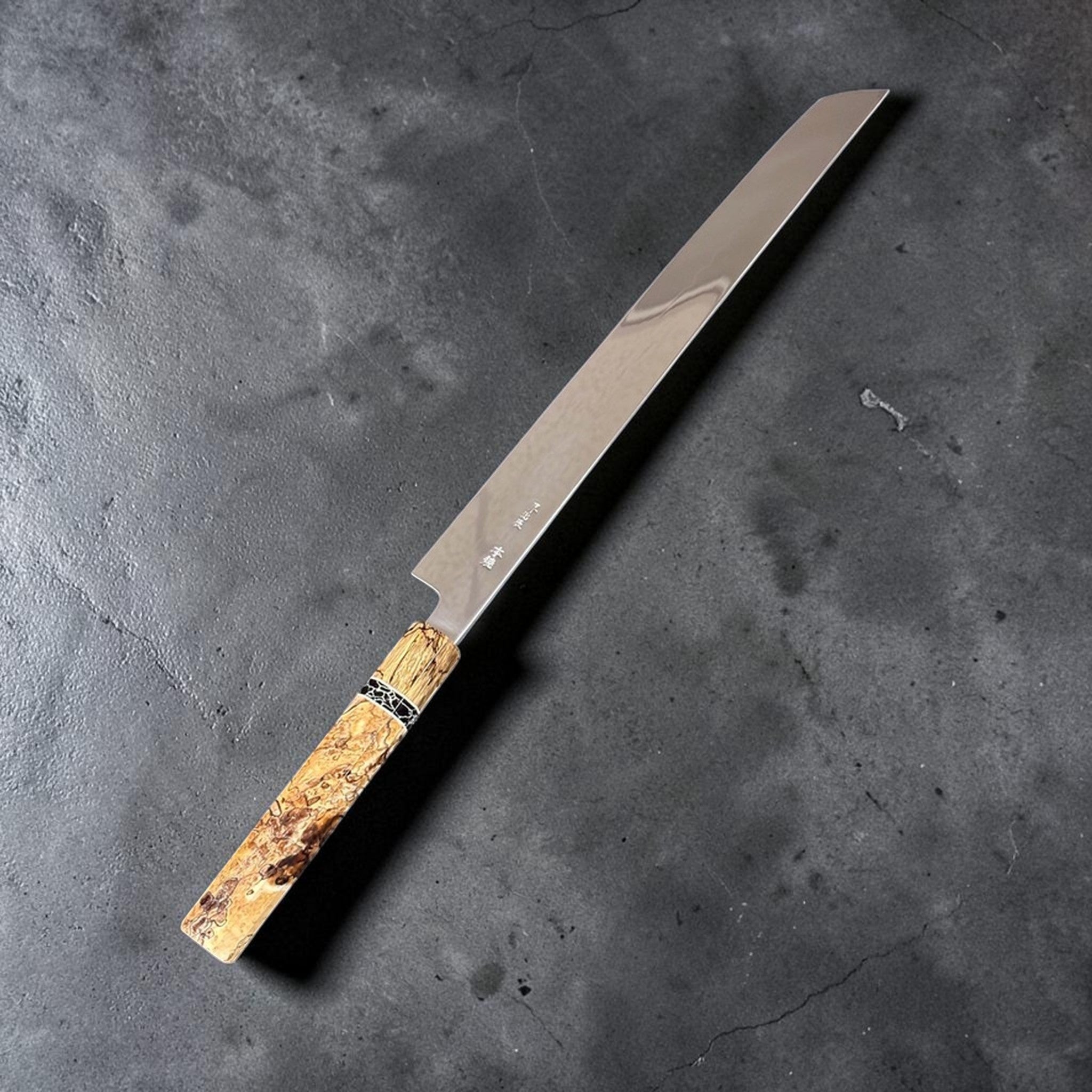 Yoshikazu Ikeda White #2 Honyaki Sakimaru Yanagiba 330 mm Mt Fuji Moon, angled rear side view with mirror-polished blade.