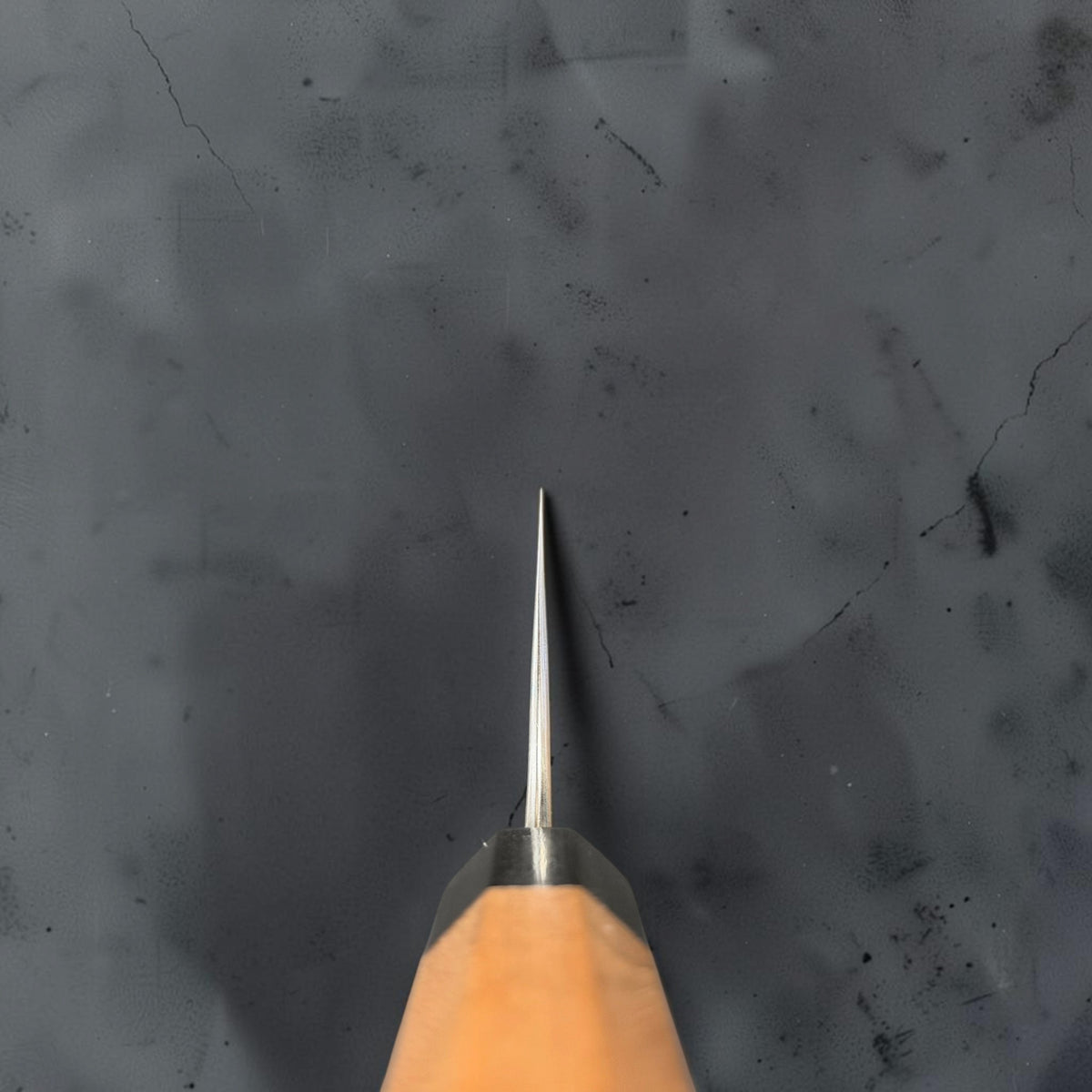 Choil view of the Yoshimi Kato Aogami Super Nashiji 240mm gyuto showing its blade grind and octagonal handle.