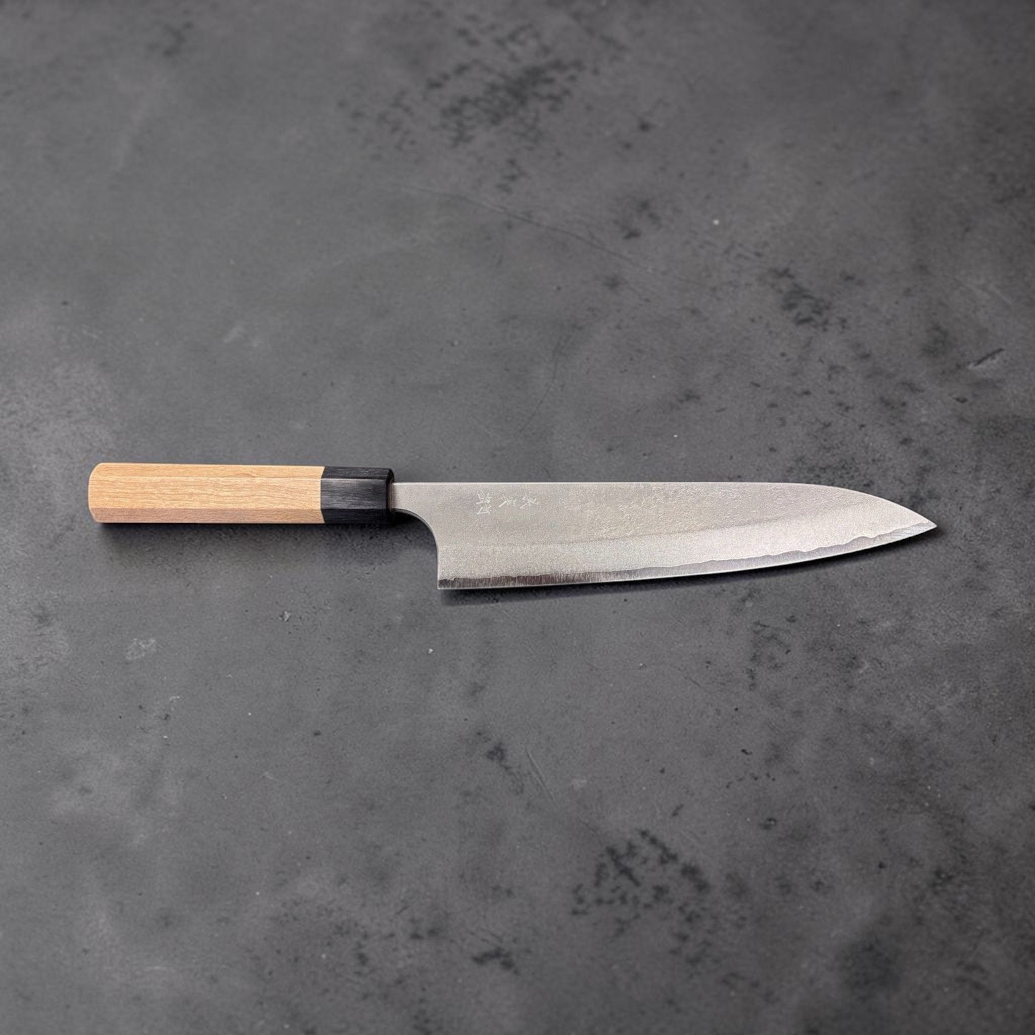 Yoshimi Kato AS Nashiji Gyuto 240mm, full side profile showing Nashiji texture and kasumi finish.
