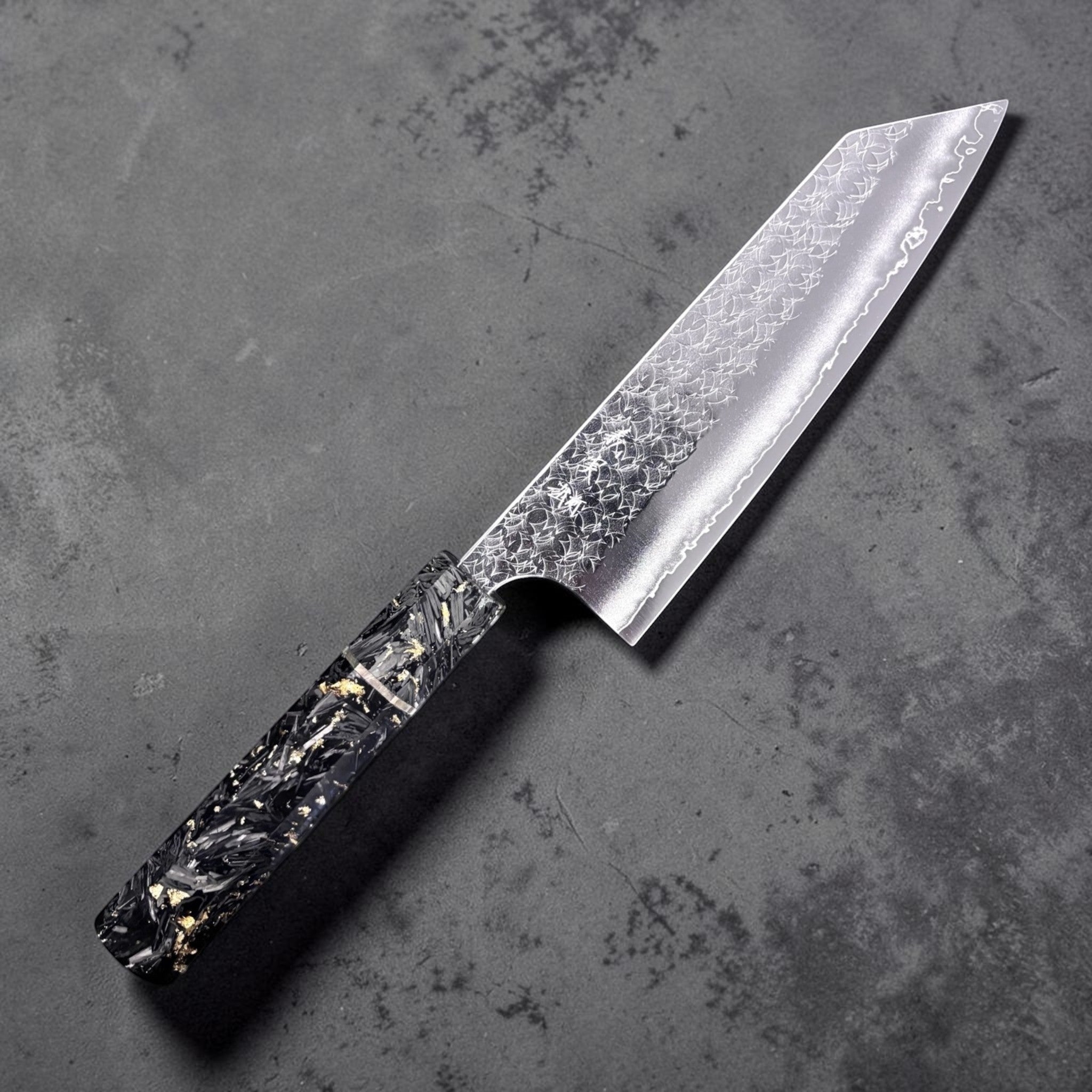 Yoshimi Kato Minamo SG2 Bunka 171 mm, angled hero shot showing hammered Minamo pattern and crisp kiritsuke-style tip.