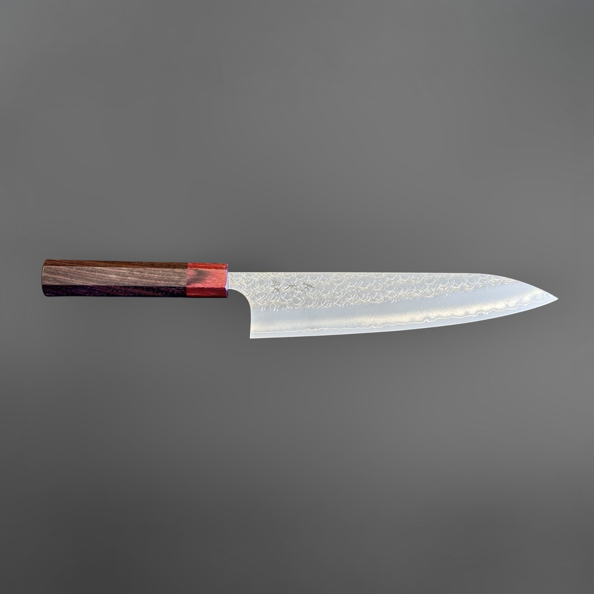 Yoshimi Kato Minamo SG2 Gyuto 210 mm with rosewood and red handle, full side profile of the blade.