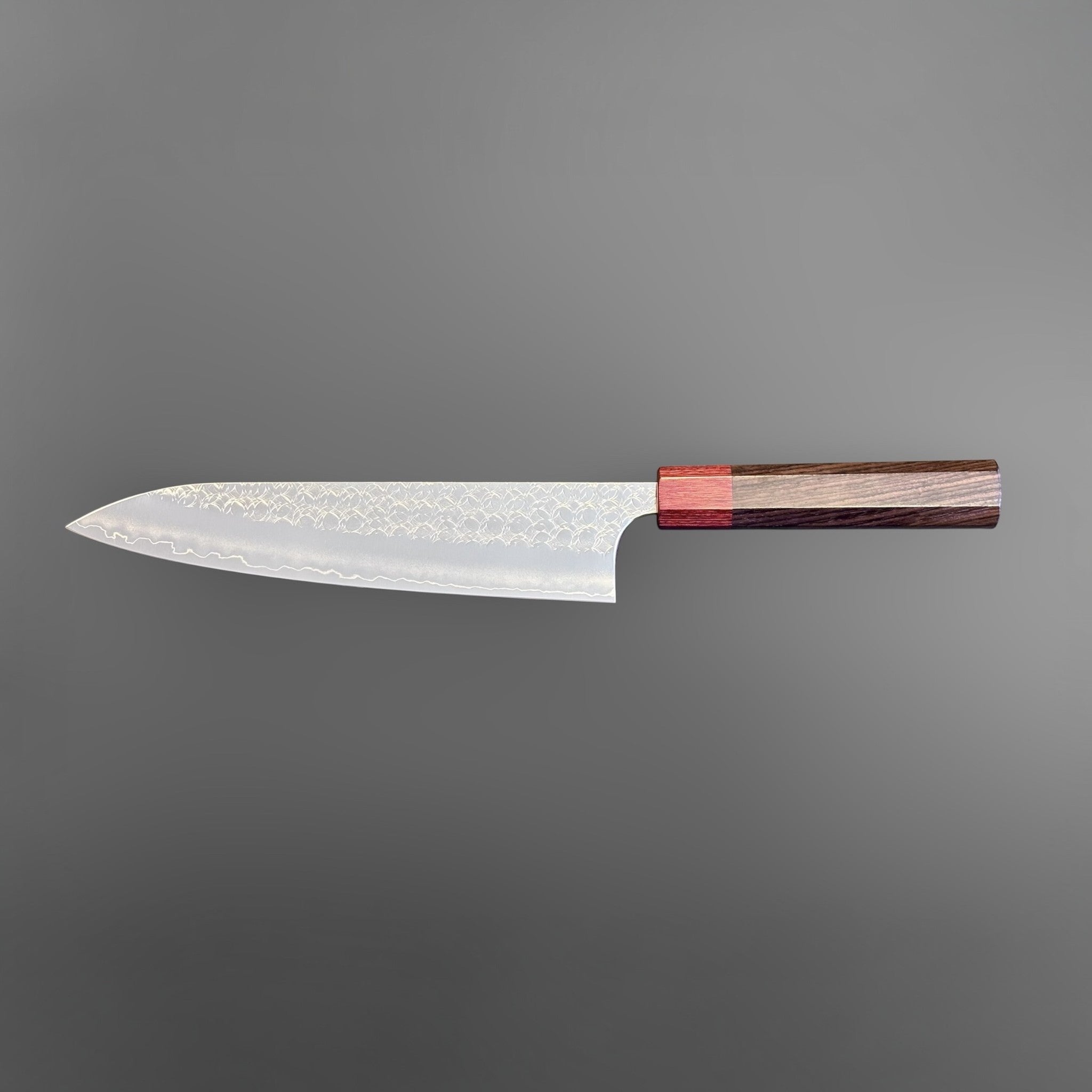 Yoshimi Kato Minamo SG2 Gyuto 210 mm with rosewood and red handle, reverse side profile showing Minamo pattern.