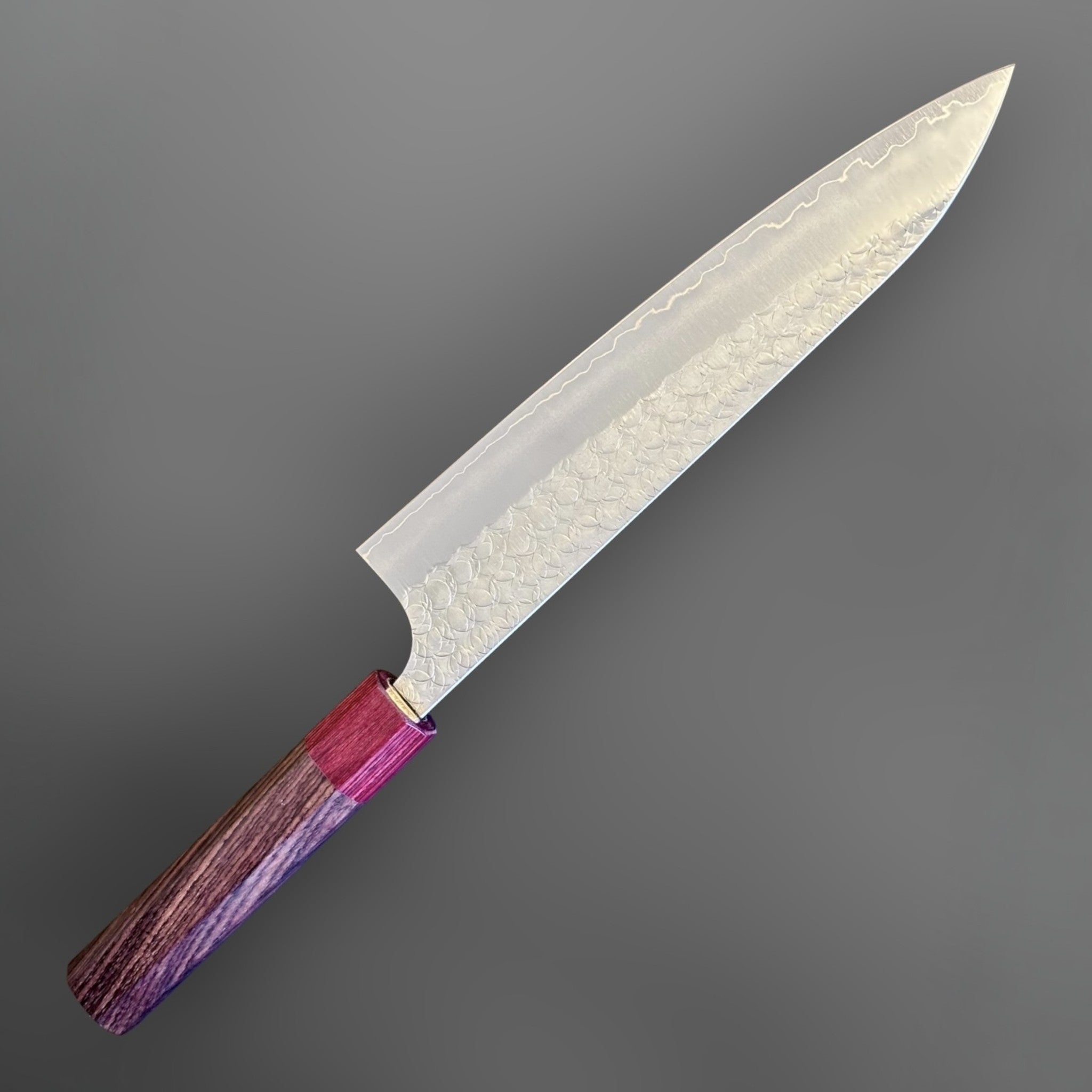 Yoshimi Kato Minamo SG2 Gyuto 210 mm, angled reverse view showing the SG2 blade finish and wa handle.