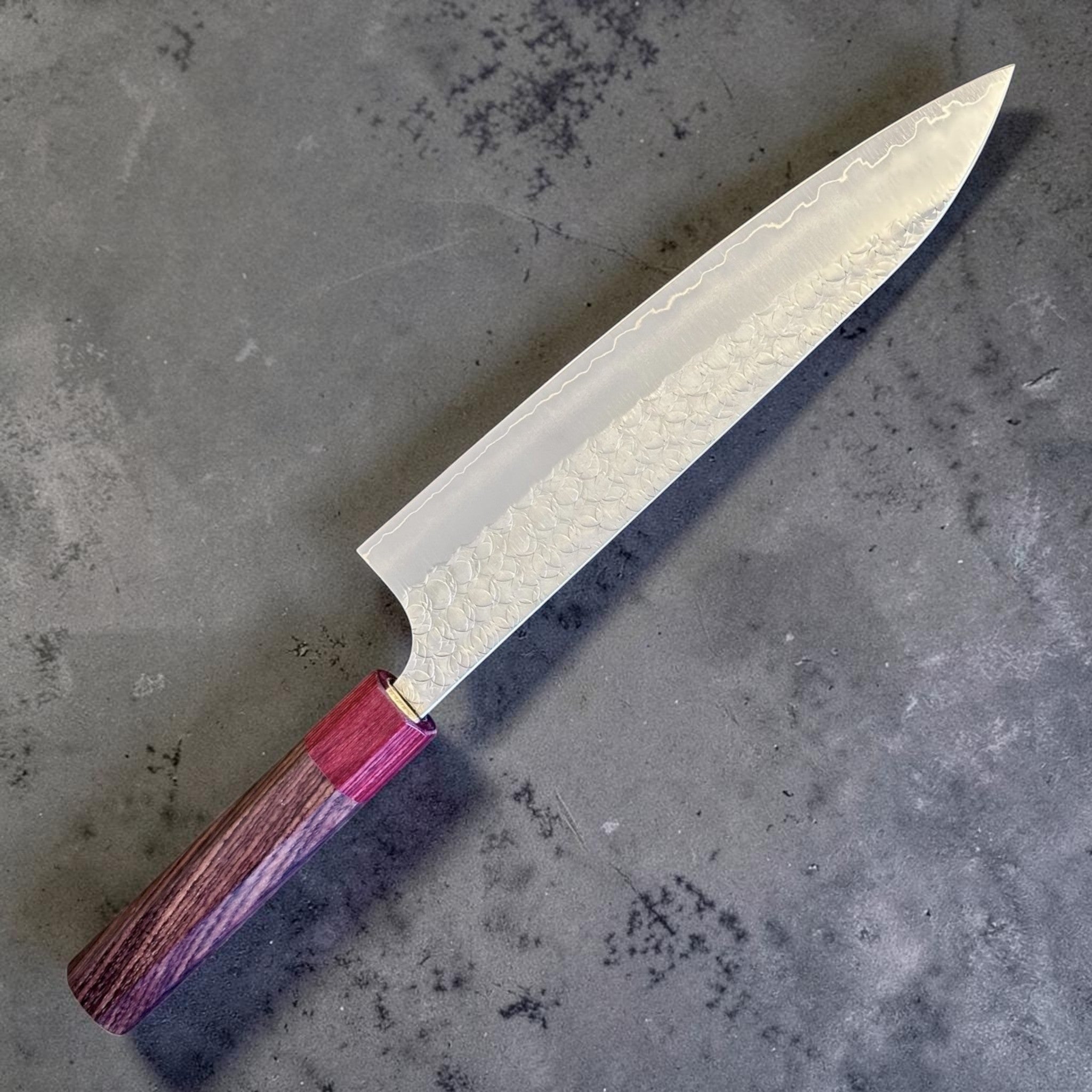 Yoshimi Kato Minamo SG2 Gyuto 210 mm, angled reverse view showing the SG2 blade finish and wa handle.