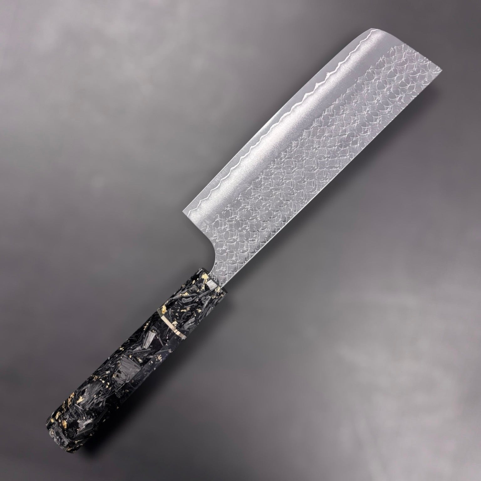 Yoshimi Kato Minamo SG2 Nakiri 165 mm, left-side blade view showing Minamo (ripple) pattern and cladding line.