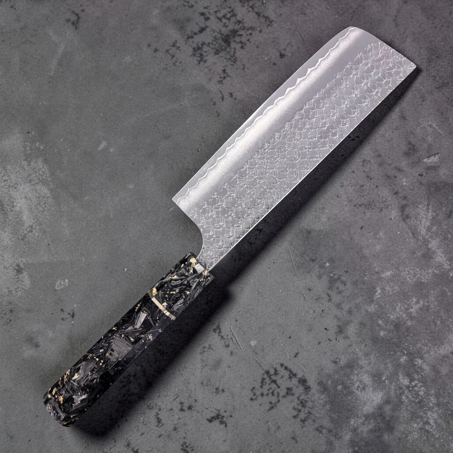 Yoshimi Kato Minamo SG2 Nakiri 165 mm, left-side blade view showing Minamo (ripple) pattern and cladding line.
