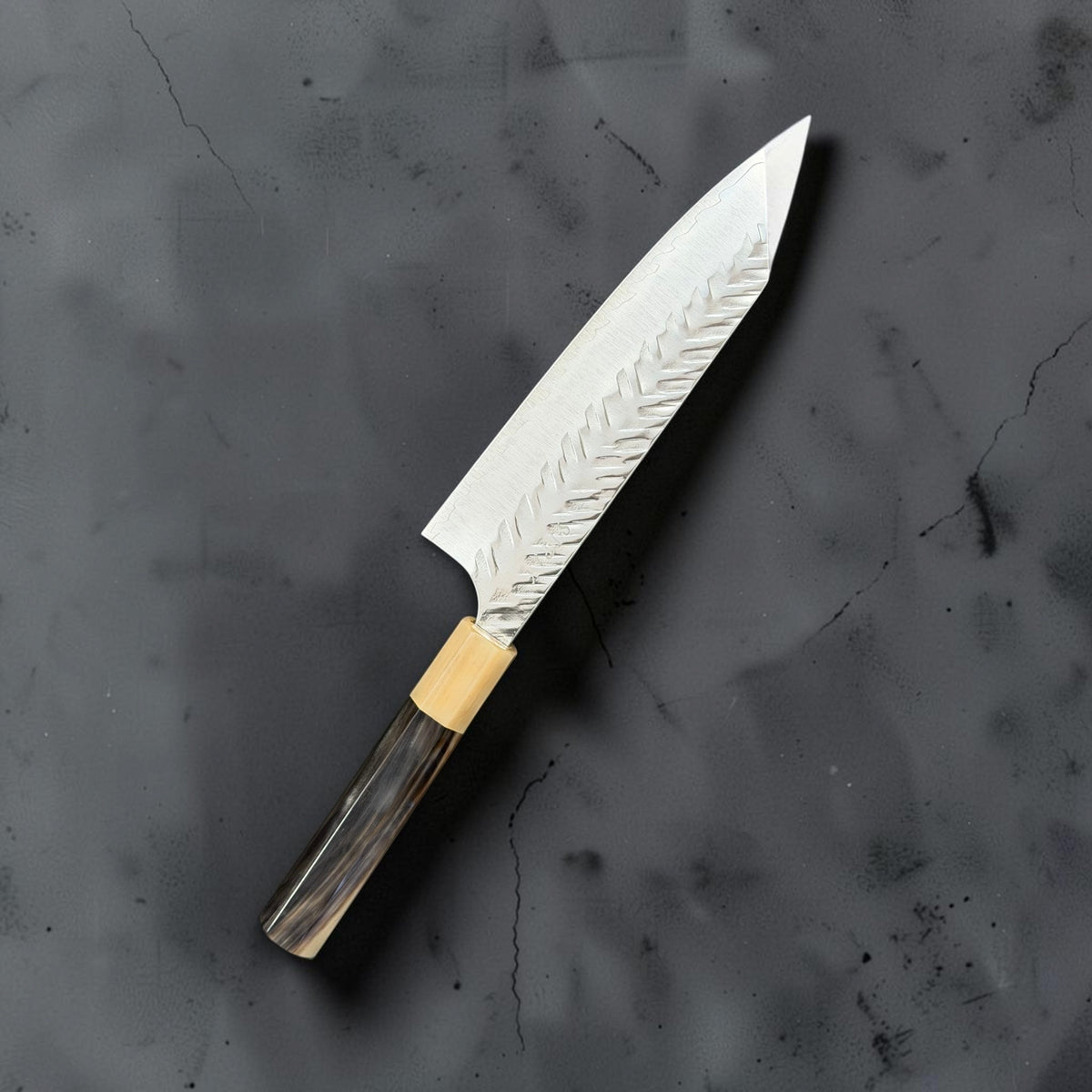 Reverse angled view of Yoshimi Kato SG-STRIX Bunka and dark streaked Prisma handle
