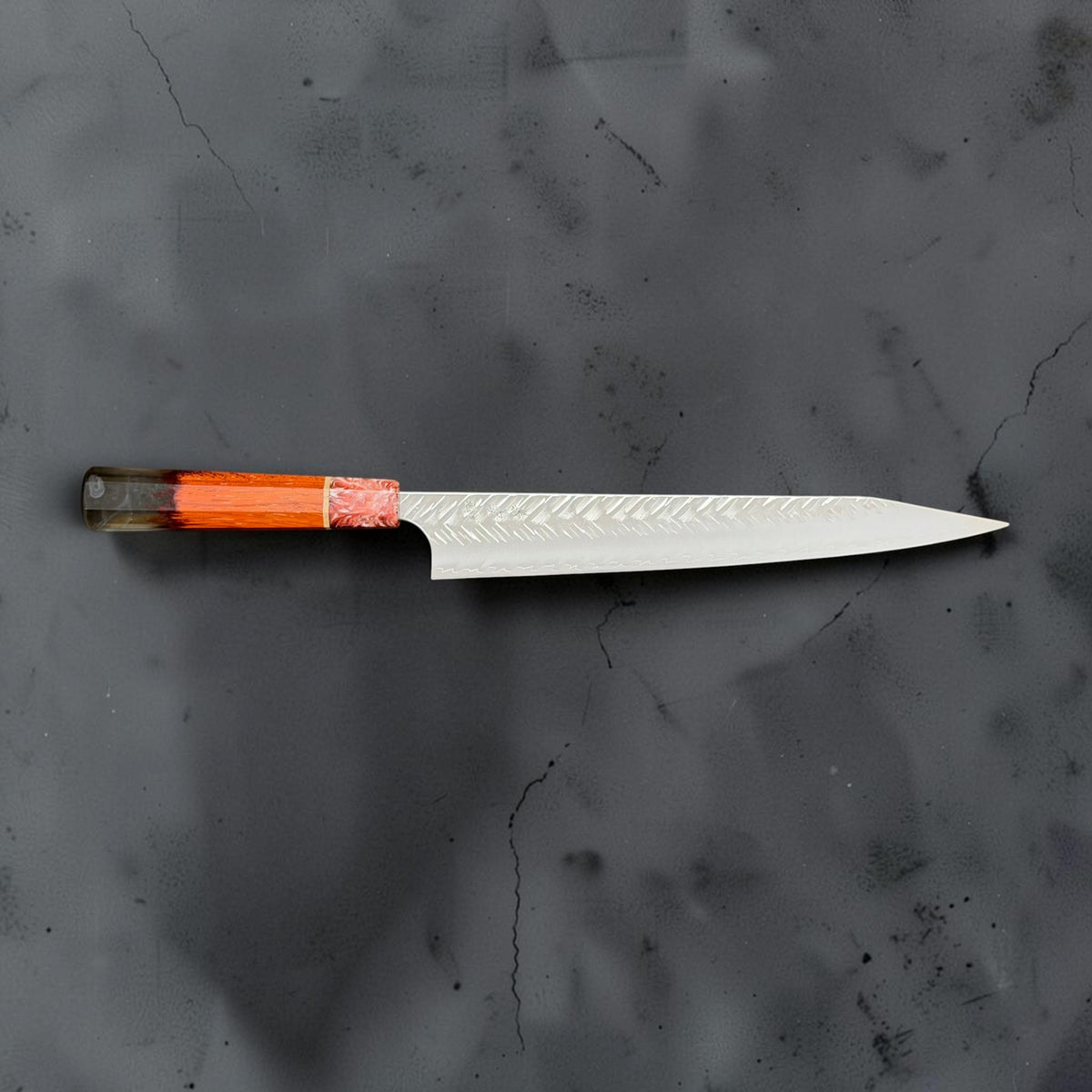 Yoshimi Kato SG-STRIX V-Tsuchime 270mm kiritsuke sujihiki in full side profile with the custom Prisma handle on the left.