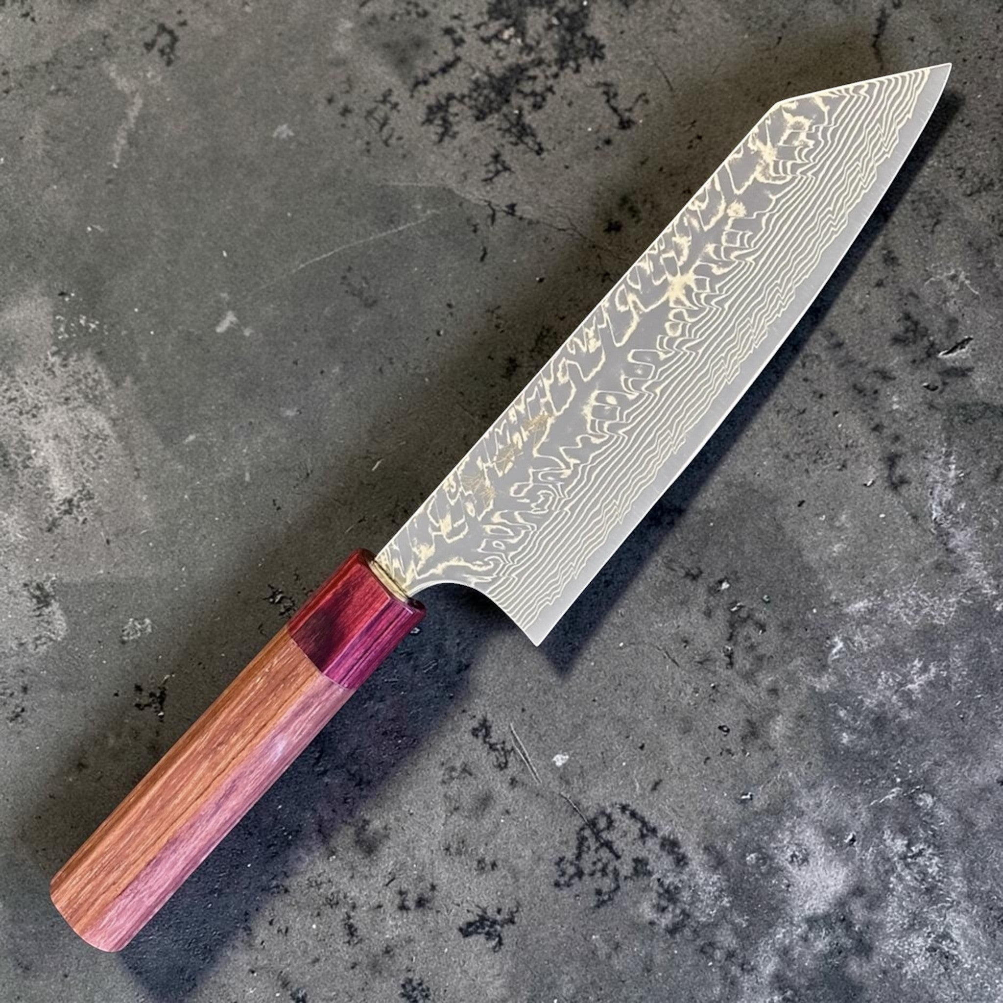 Yoshimi Kato SG2 Damascus Bunka 170 mm with Honduran wood handle and red pakkawood ferrule, angled hero view.