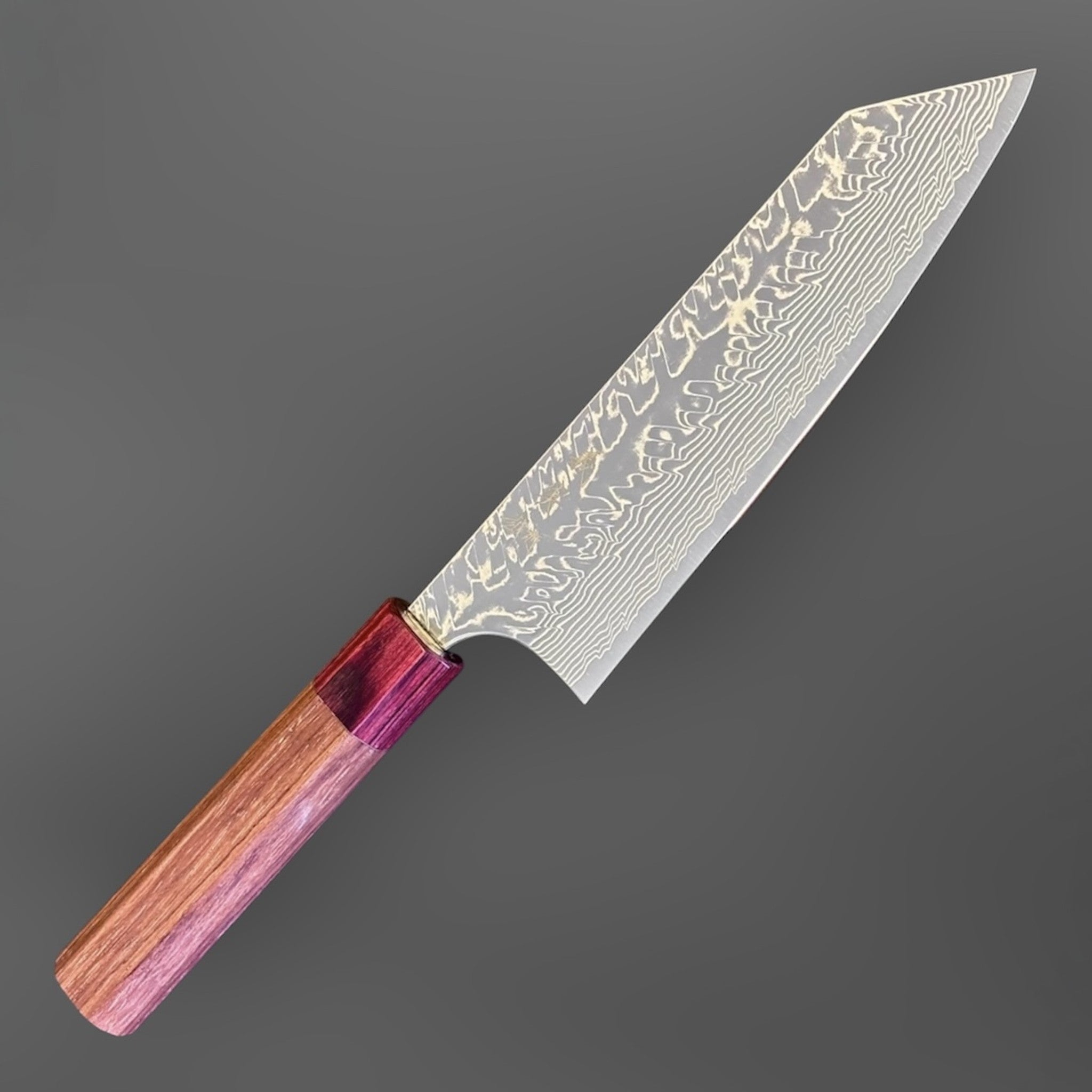 Yoshimi Kato SG2 Damascus Bunka 170 mm with Honduran wood handle and red pakkawood ferrule, angled hero view.