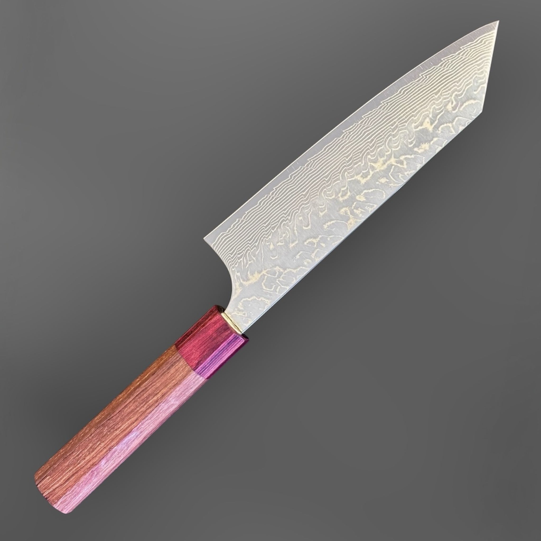 Yoshimi Kato SG2 Damascus Bunka 170 mm with Honduran wood handle and red pakkawood ferrule, blade pattern detail view.