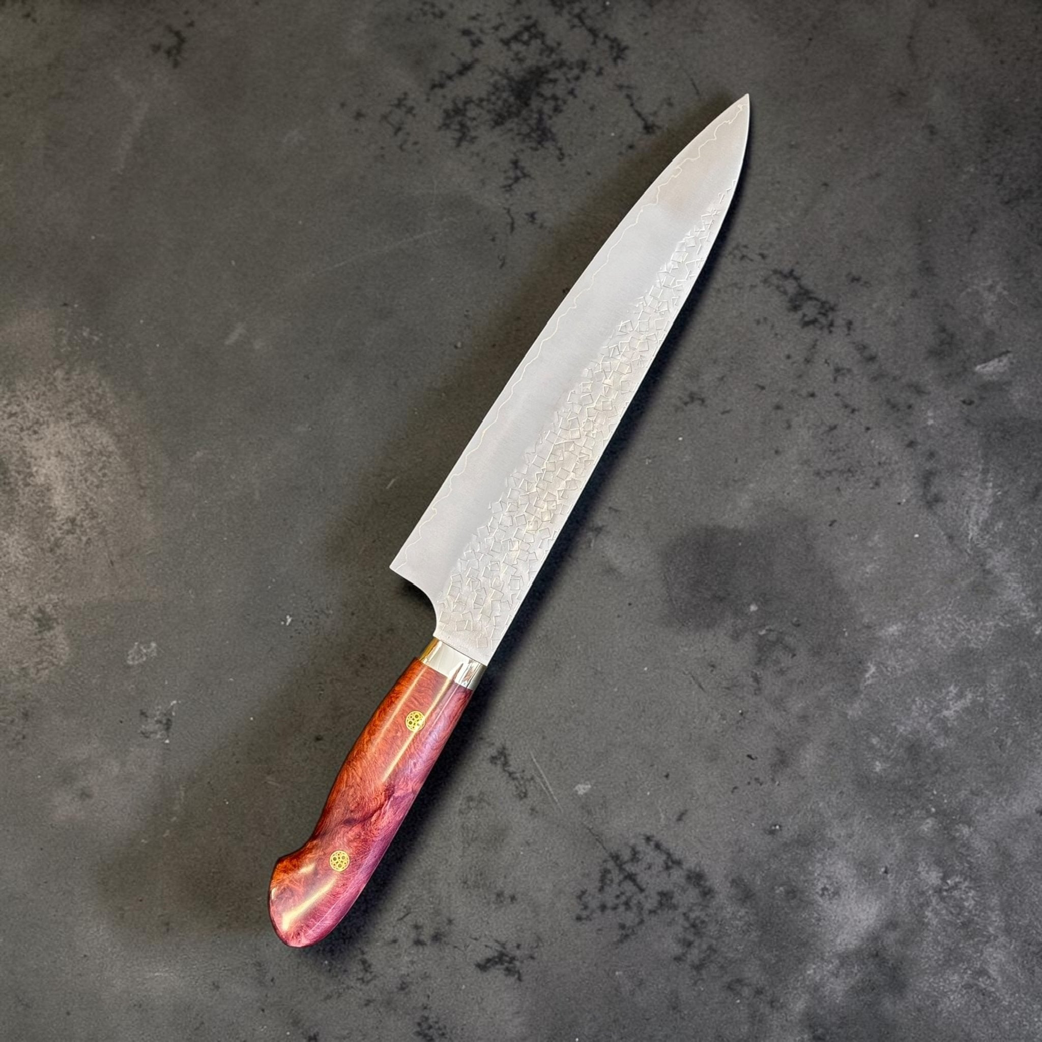 Yoshimi Kato SG2 Kaku-Tsuchime Gyuto 210 mm with Karin western handle, angled full-knife product view.