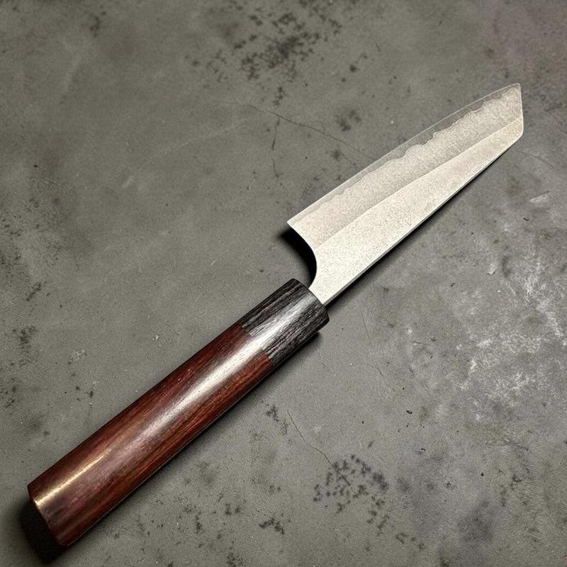 Yoshimi Kato Stainless Clad Aogami Super Nashiji 130mm Ko-Bunka with Rosewood Circle Wa Handles - Tokushu Knife