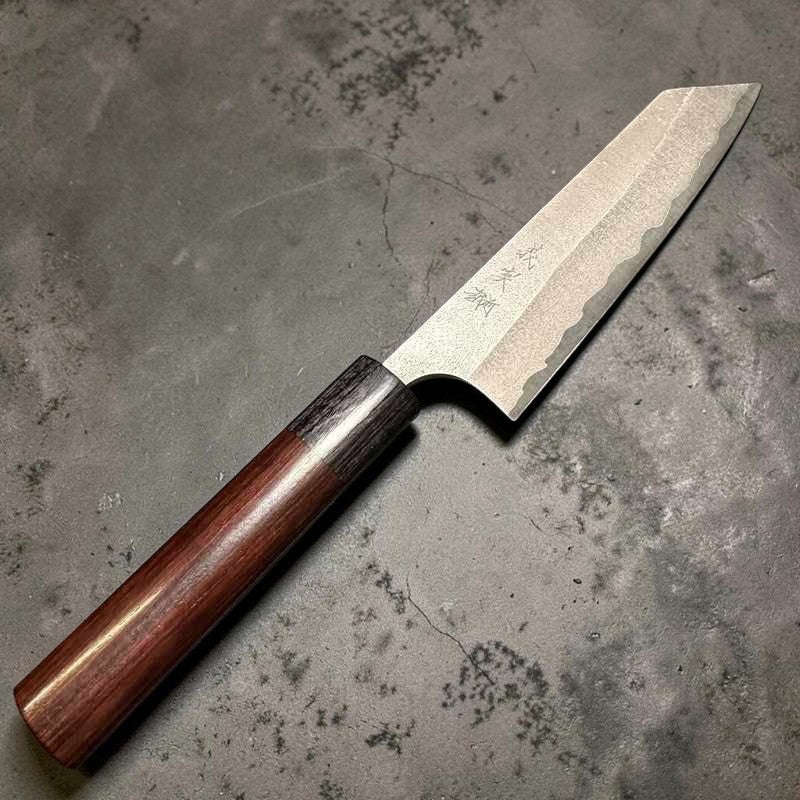 Yoshimi Kato Stainless Clad Aogami Super Nashiji 130mm Ko-Bunka with Rosewood Circle Wa Handles - Tokushu Knife