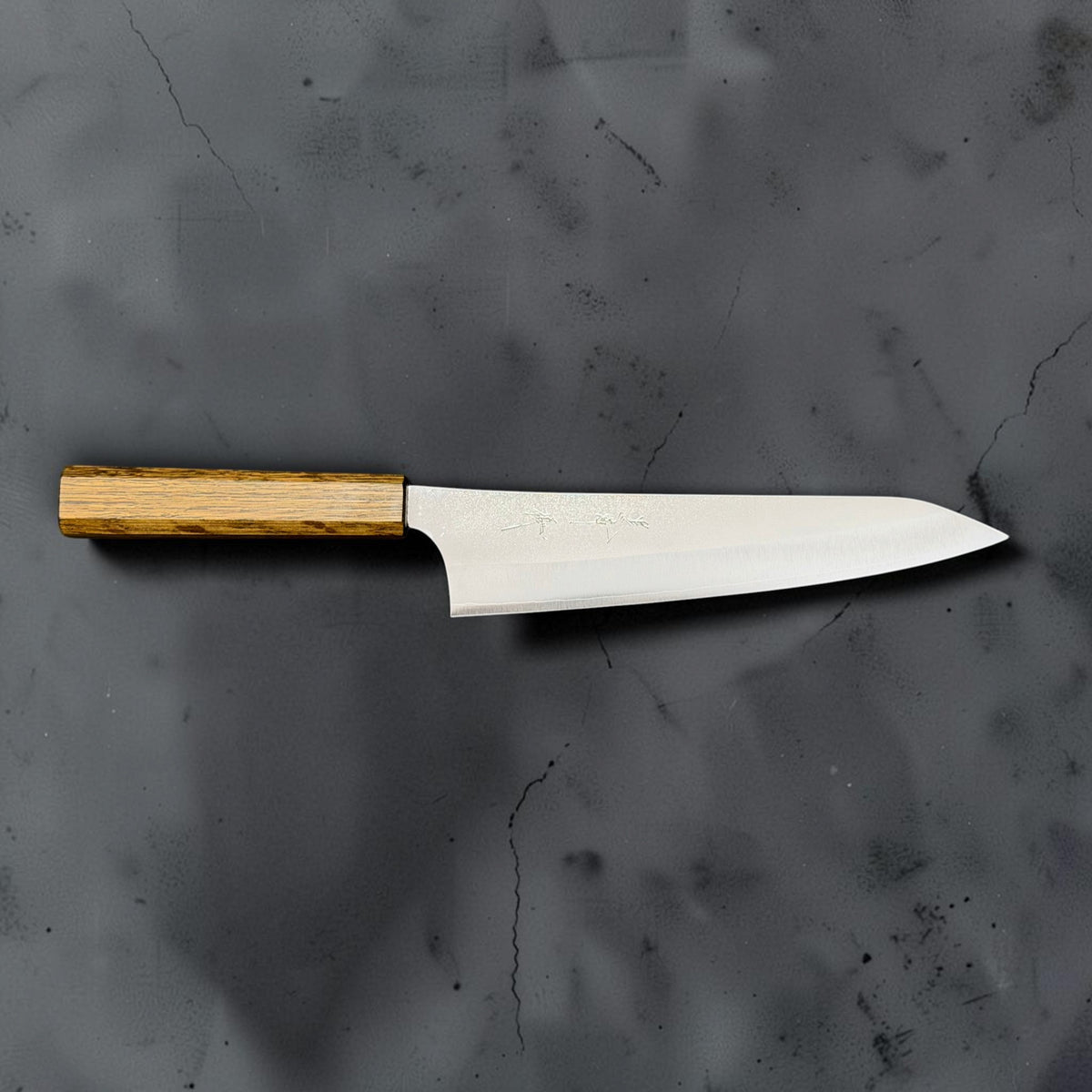 Yu Kurosaki Gekko 210mm gyuto side profile showing the blade, kanji, and octagonal oak handle