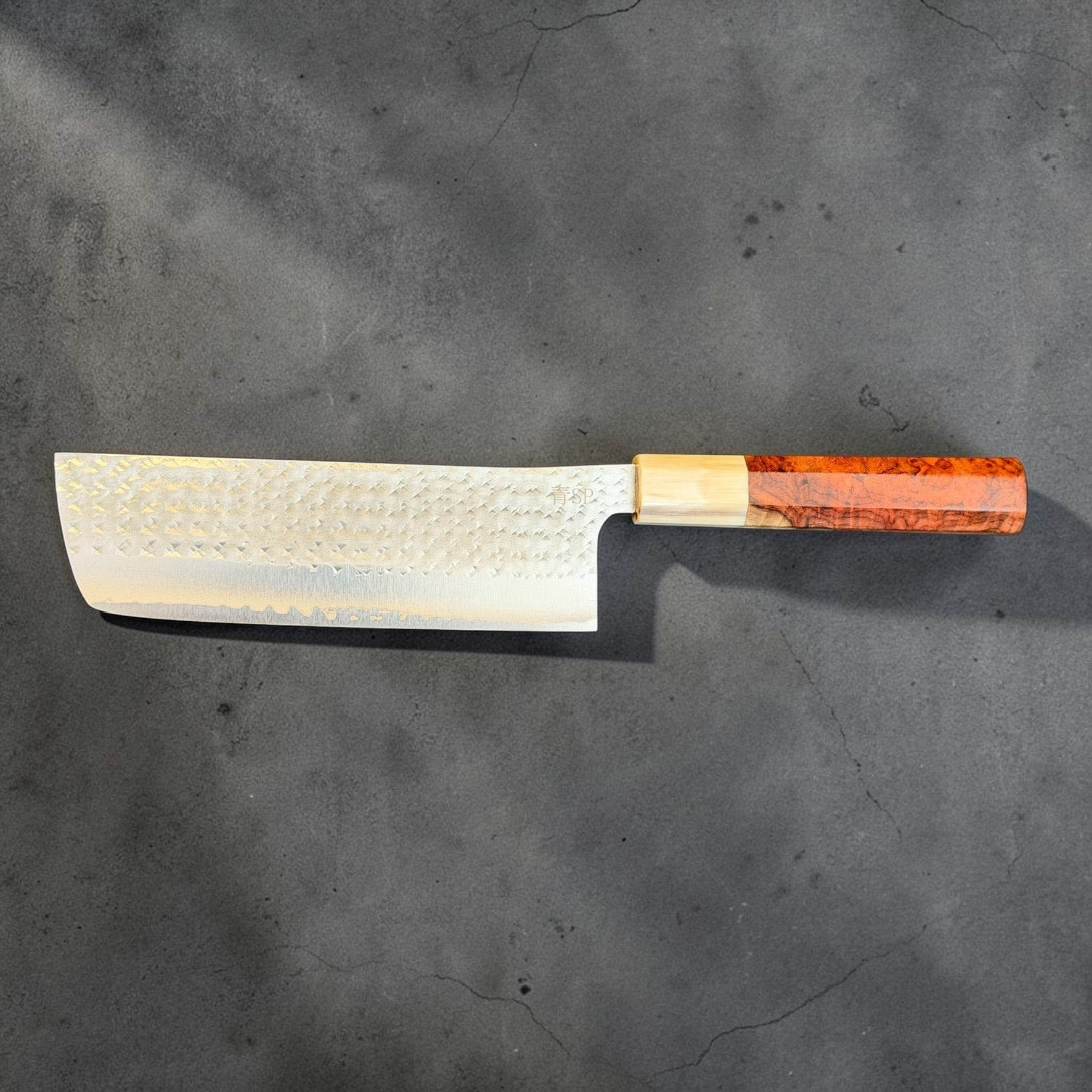Yu Kurosaki Kokusen AS Nakiri 165mm with handmade Amboyna burl and horn handle, full profile