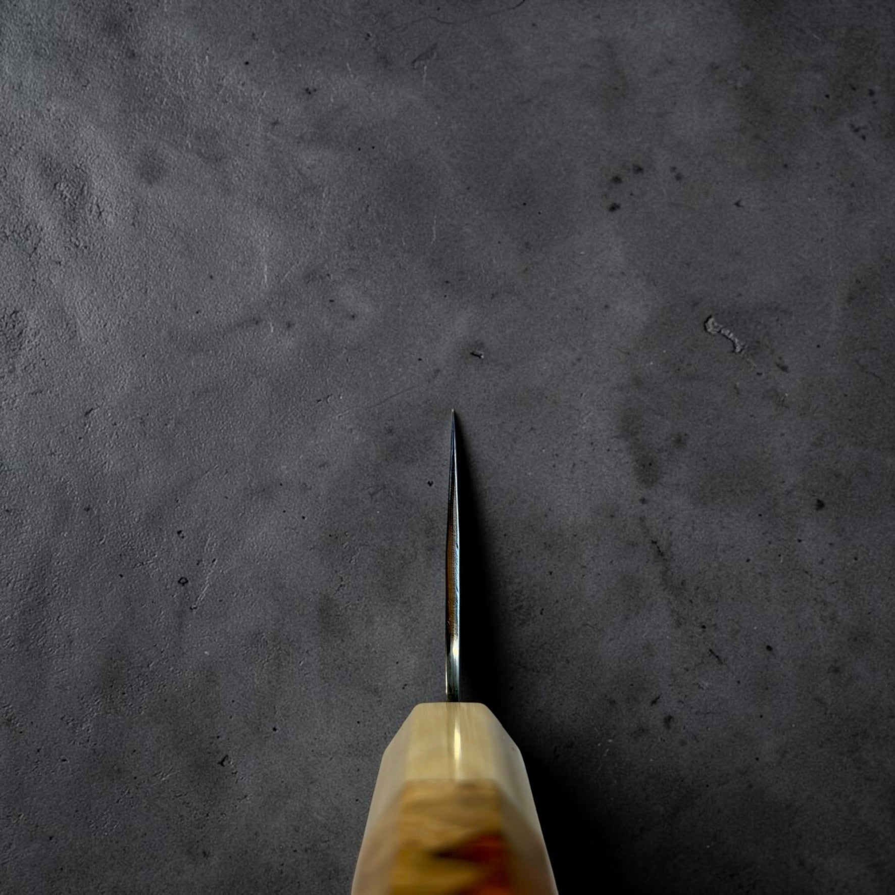 Choil and spine view of the Yu Kurosaki Kokusen AS Nakiri 165mm with handmade horn ferrule handle